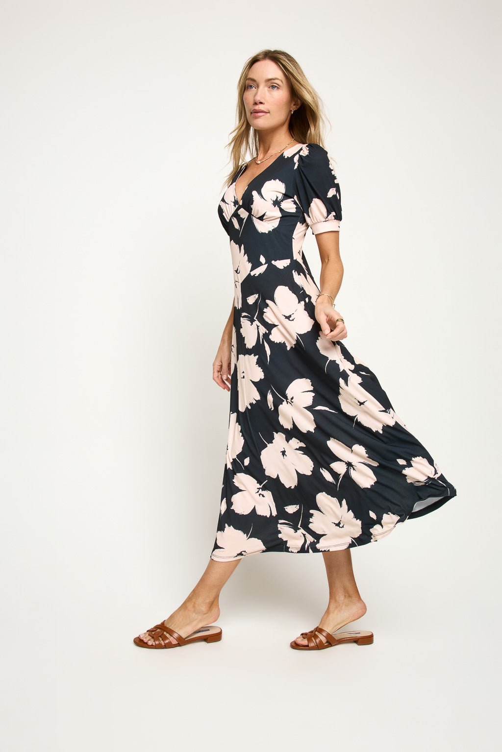 Image of West K Anita Short Sleeve V - Neck Midi Dress Black Tan Floral
