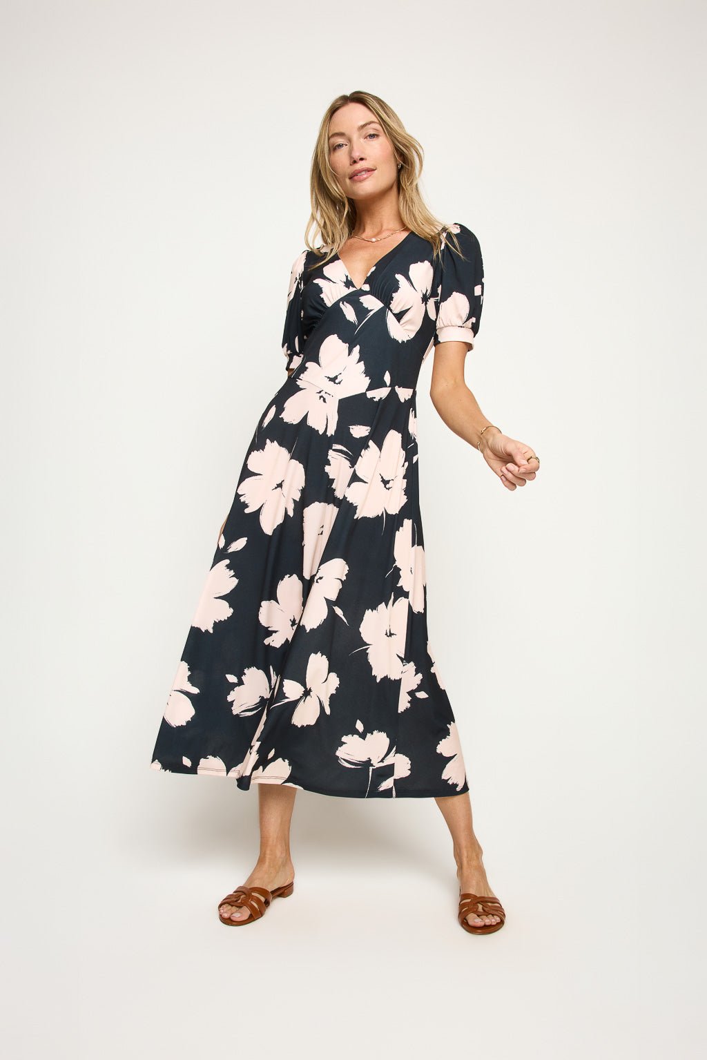 Image of West K Anita Short Sleeve V - Neck Midi Dress Black Tan Floral