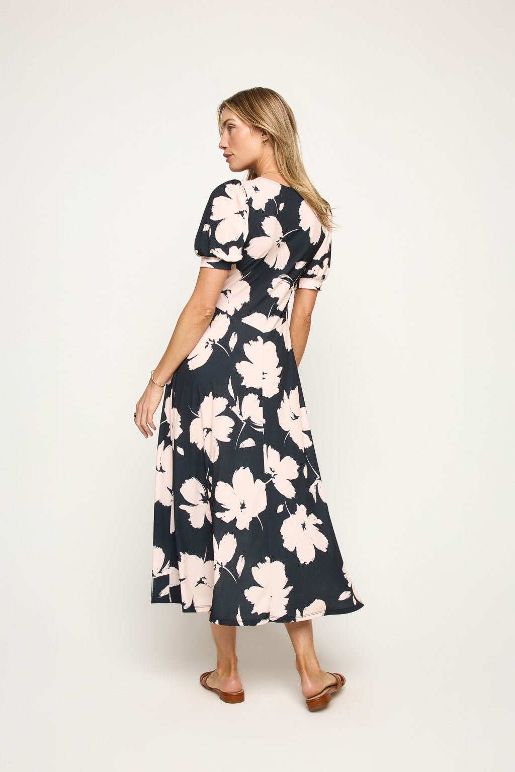 Image of West K Anita Short Sleeve V - Neck Midi Dress Black Tan Floral