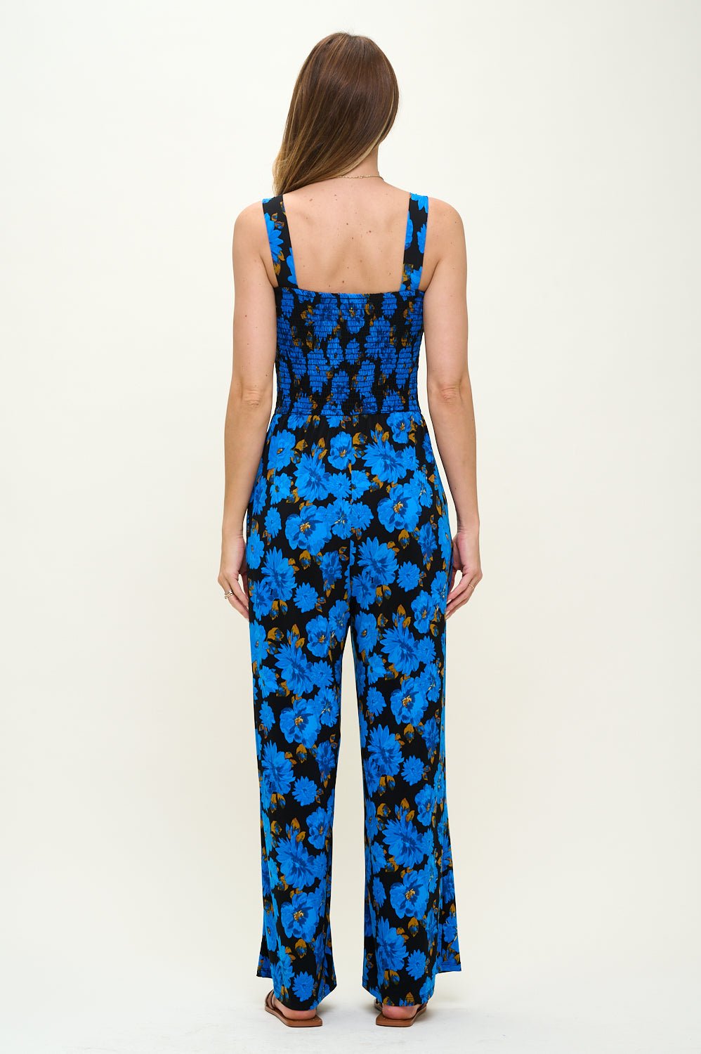 Image of West K Antonella Smocked Wide Leg Jumpsuit Cobalt Floral