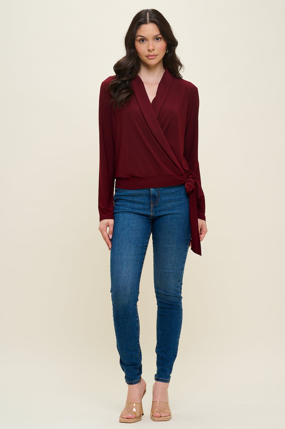 Image of West K Aria Long Sleeve Side Tie Wrap Top Denim Blue