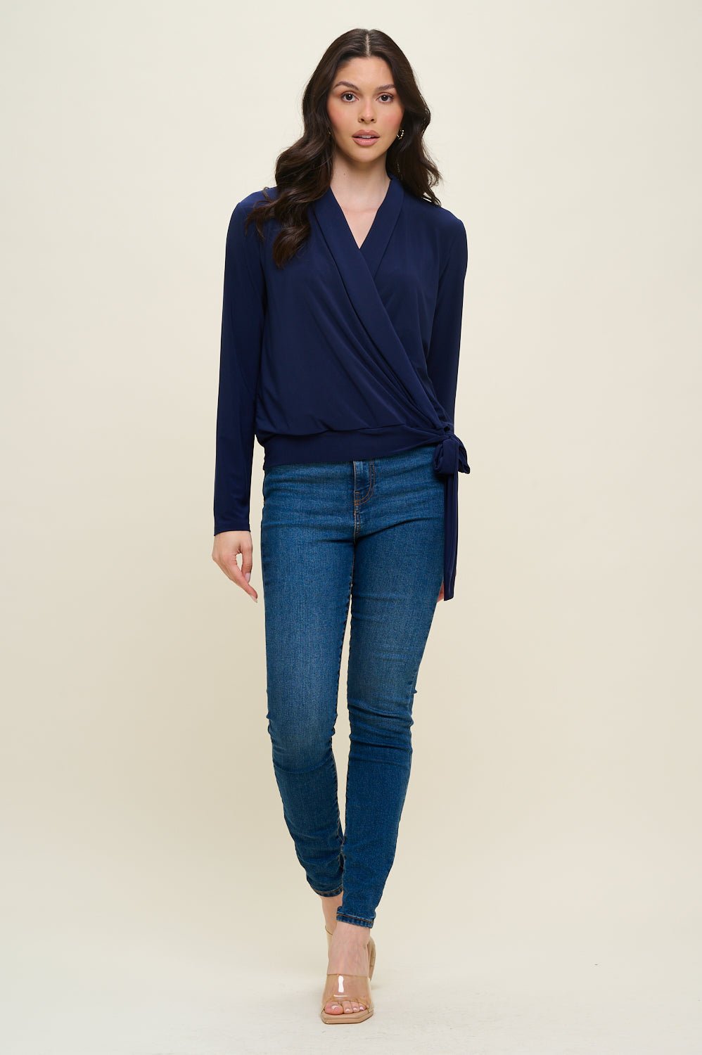 Image of West K Aria Long Sleeve Side Tie Wrap Top Navy