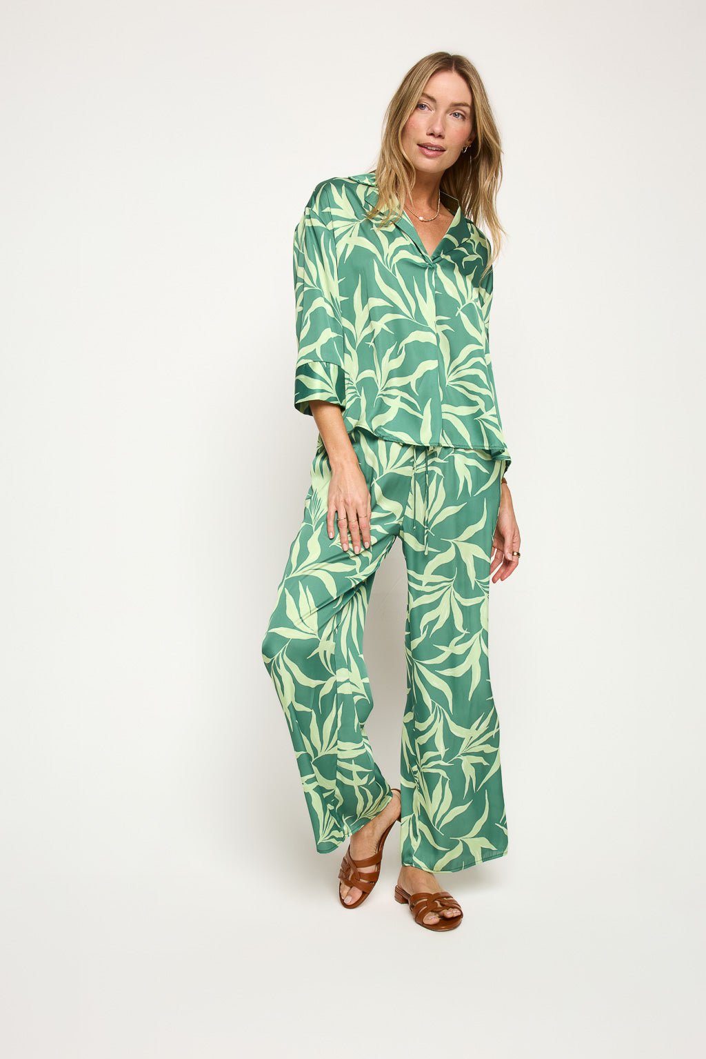 Image of West K Aurora 3/4 Sleeve Palm Print Collared Satin Button Down Green Palm