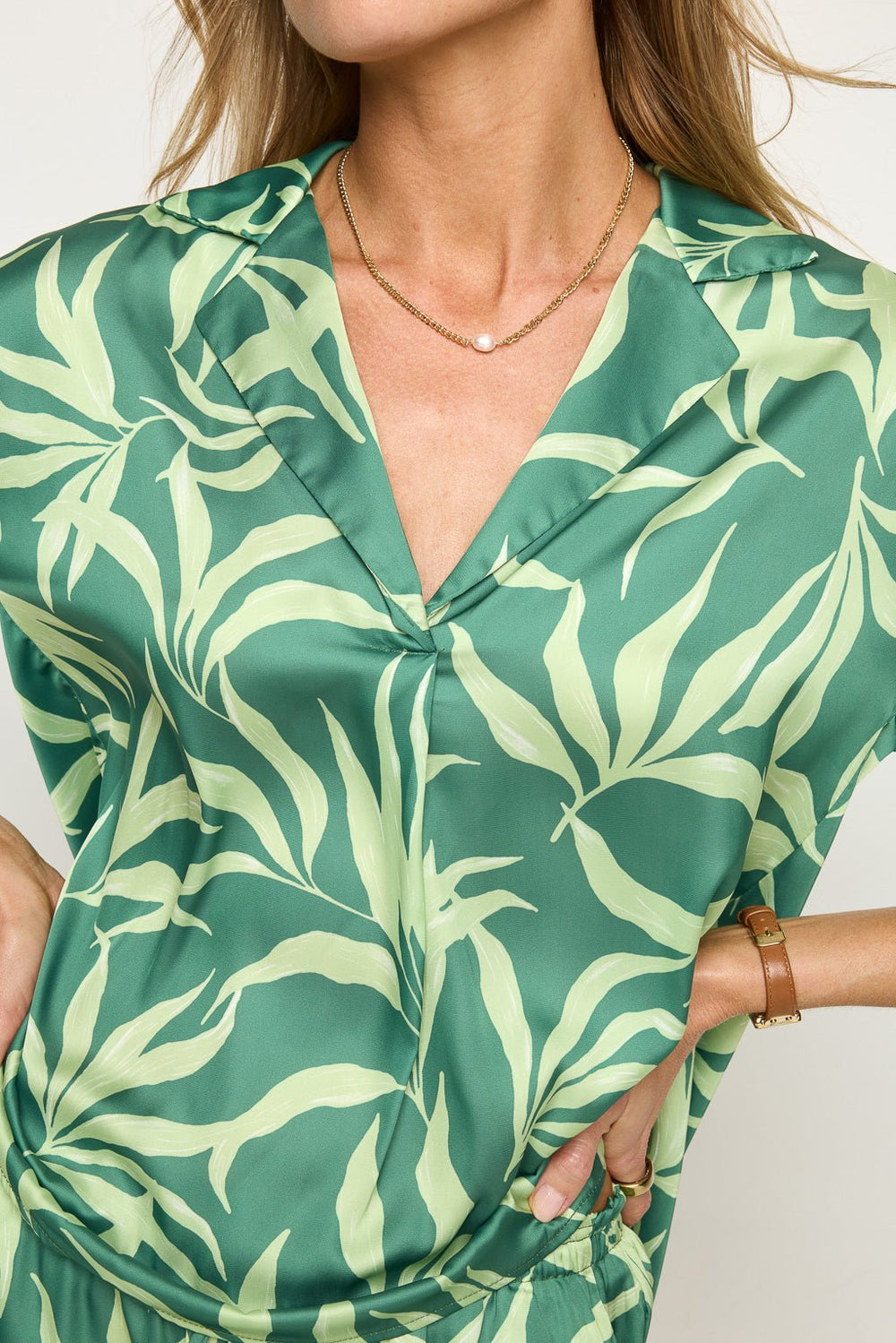 Image of West K Aurora 3/4 Sleeve Printed Satin Blouse with Collar Green Palm