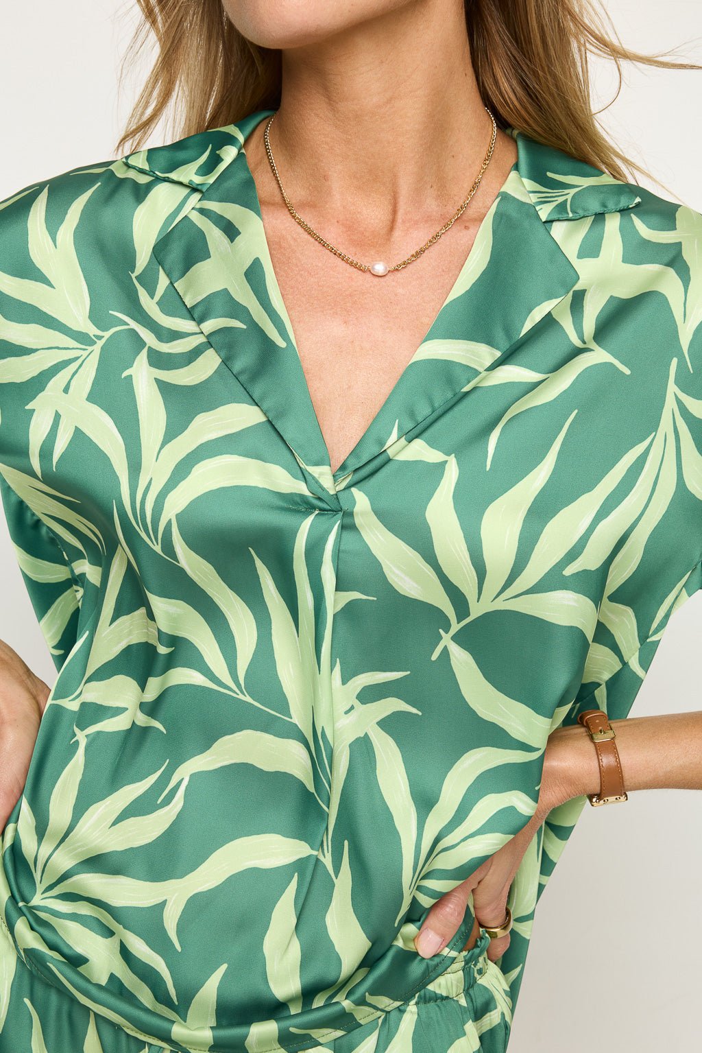 Image of West K Aurora 3/4 Sleeve Printed Satin Blouse with Collar Green Palm