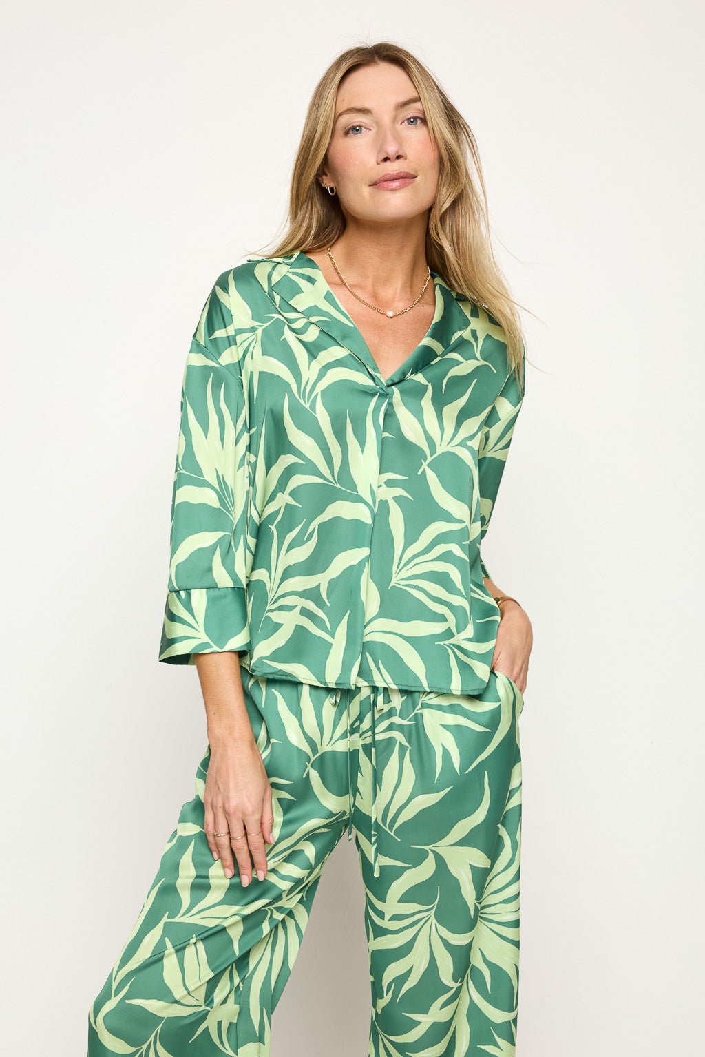 Image of West K Aurora Elastic Waist Satin Pant Green Palm