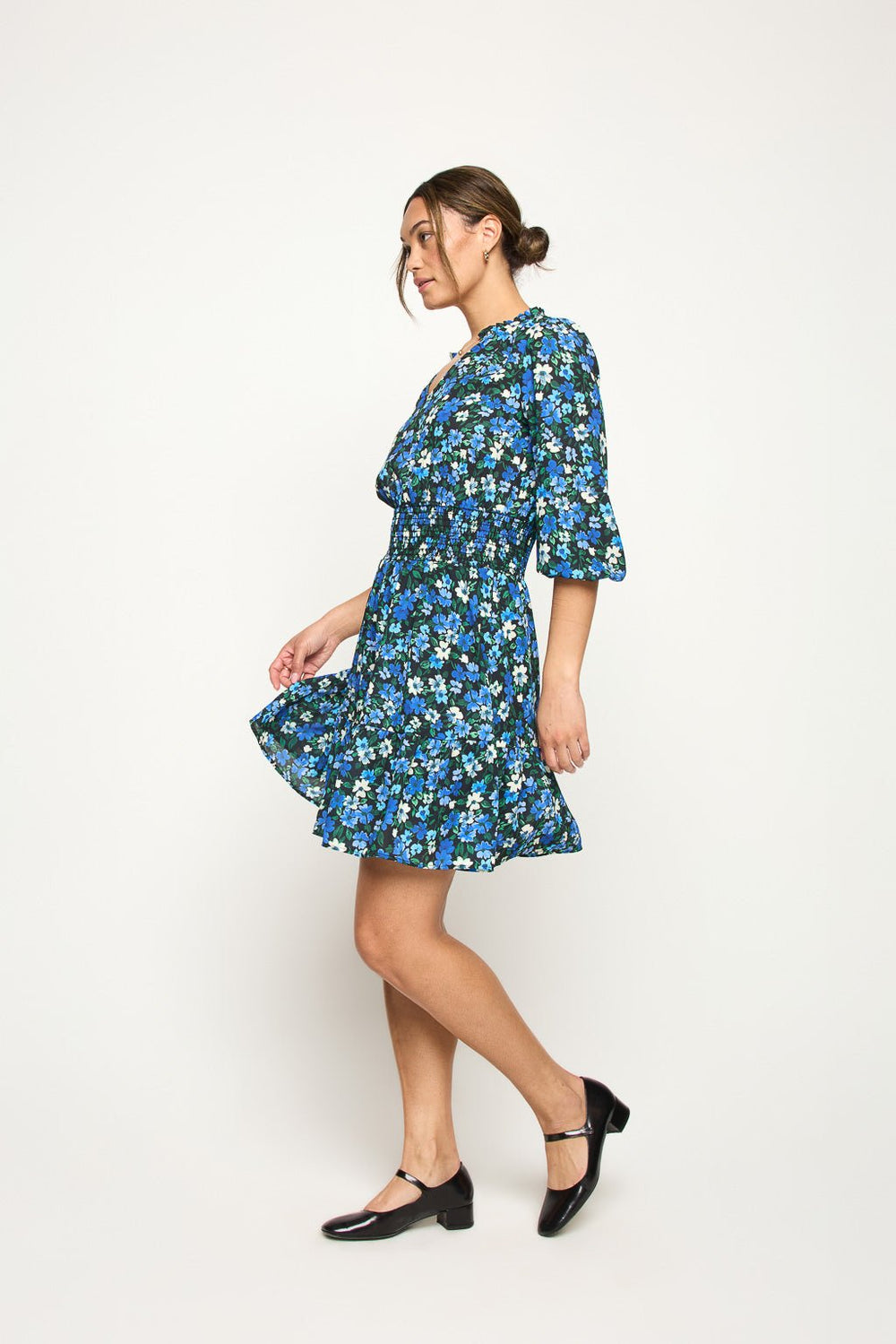 Image of West K Bea Three Quarter Sleeve Smocked Dress Royal Floral
