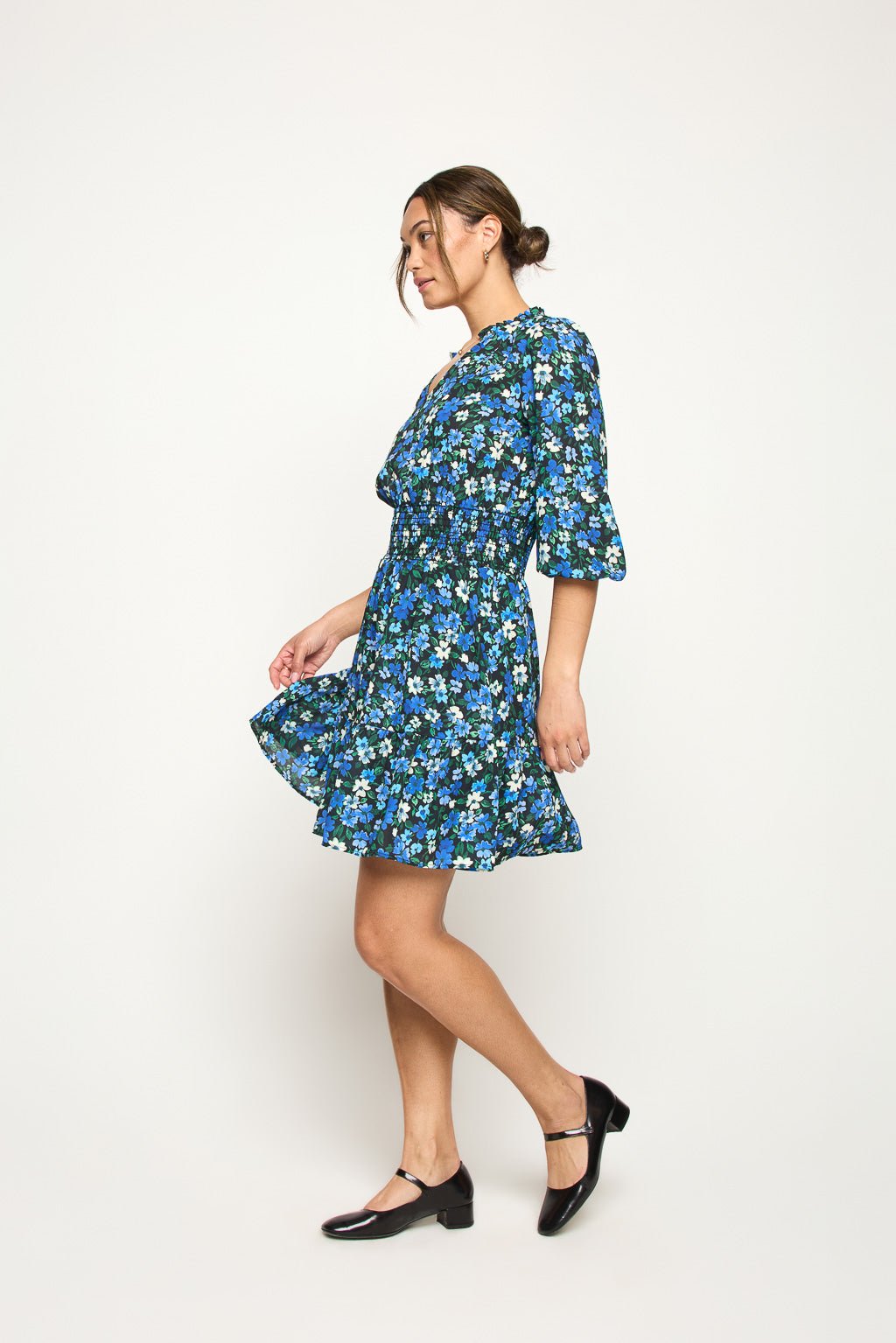 Image of West K Bea Three Quarter Sleeve Smocked Dress Royal Floral