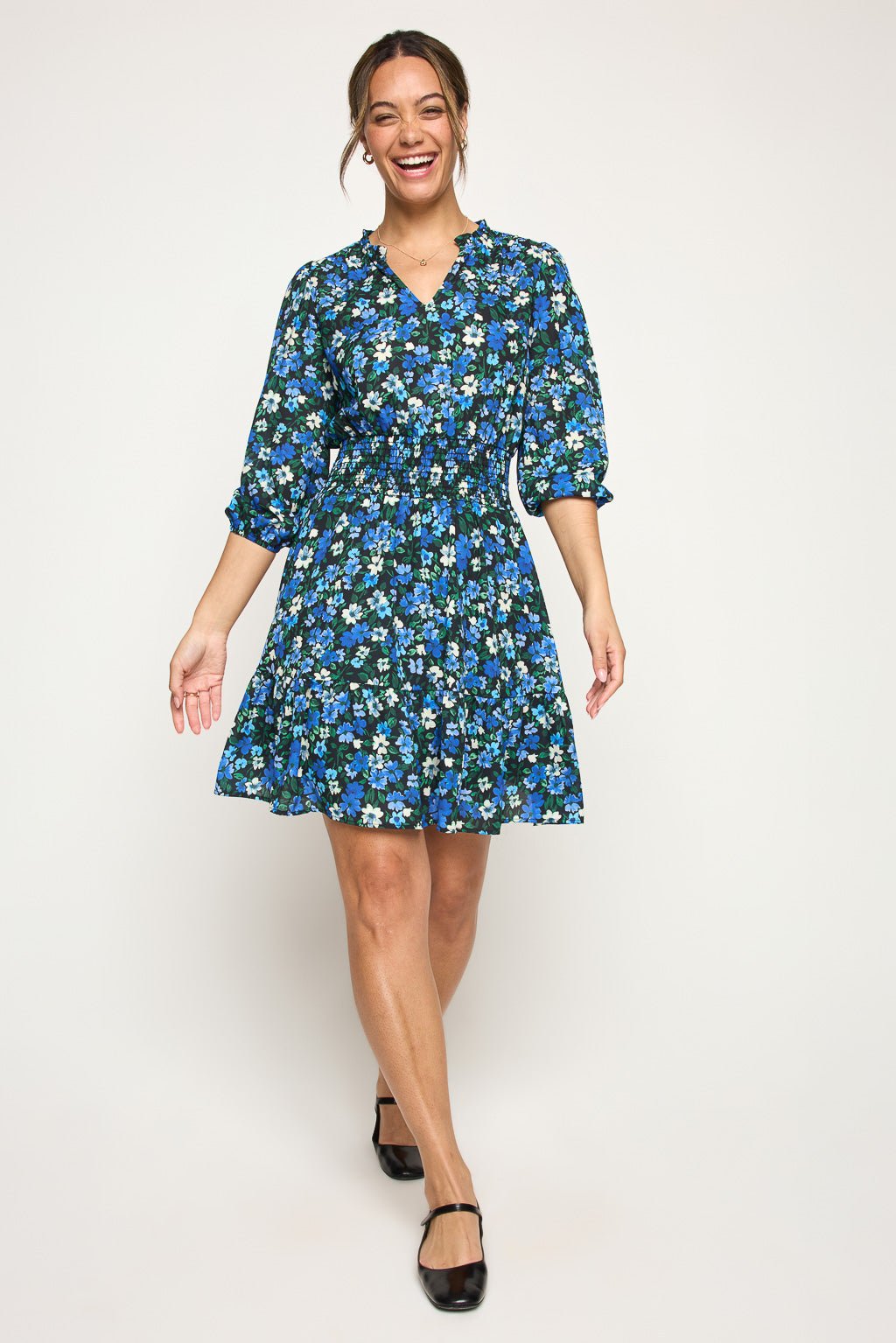 Image of West K Bea Three Quarter Sleeve Smocked Dress Royal Floral