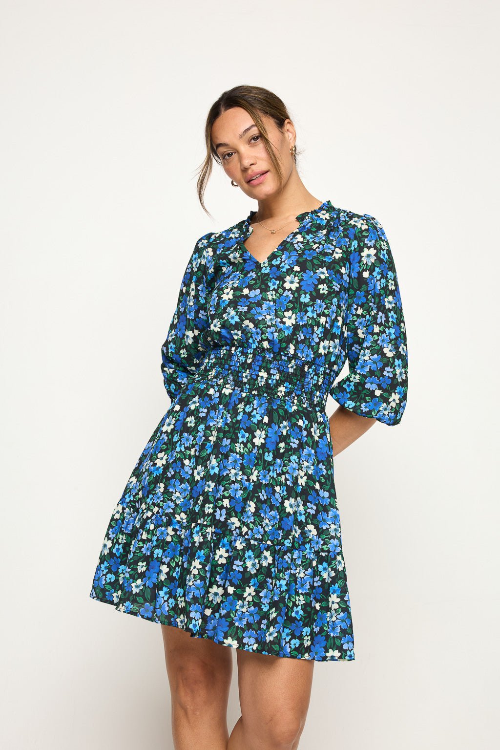 Image of West K Bea Three Quarter Sleeve Smocked Dress Royal Floral
