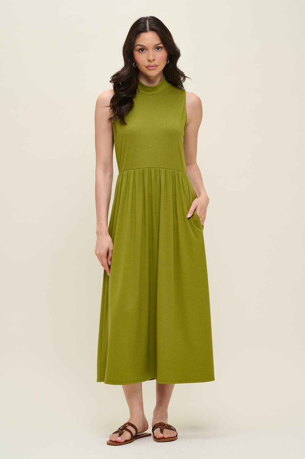 Image of West K Bianca Mock Neck Ribbed Dress Sage
