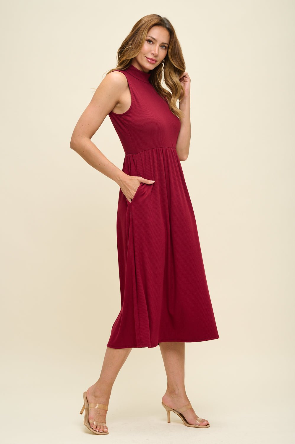 Image of West K Bianca Mock Neck Ribbed Dress Wine