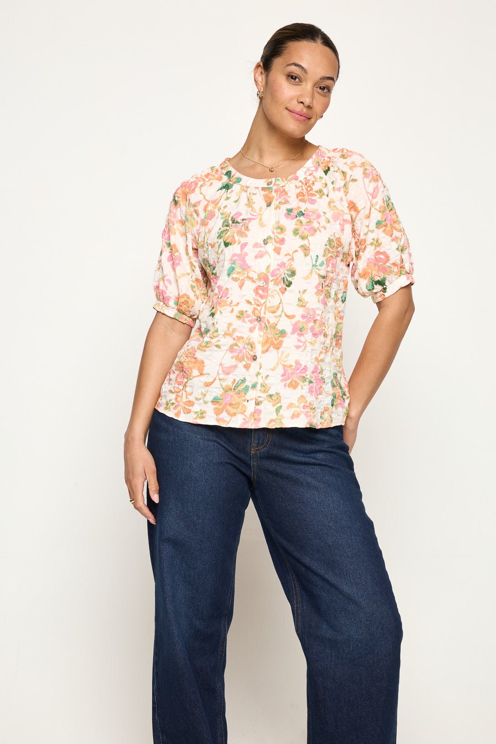 Image of West K Brielle Short Sleeve Round Neck Blouse Pink White Floral