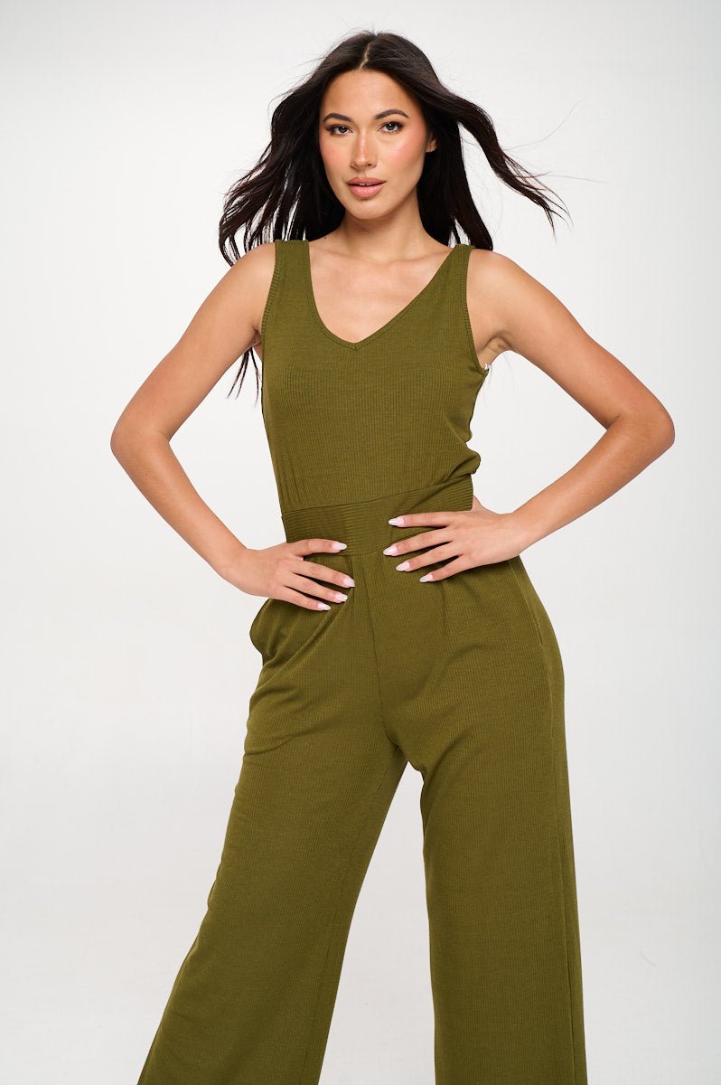 Image of West K Brooklyn Ribbed V - Neck Tank Jumpsuit Olive Green
