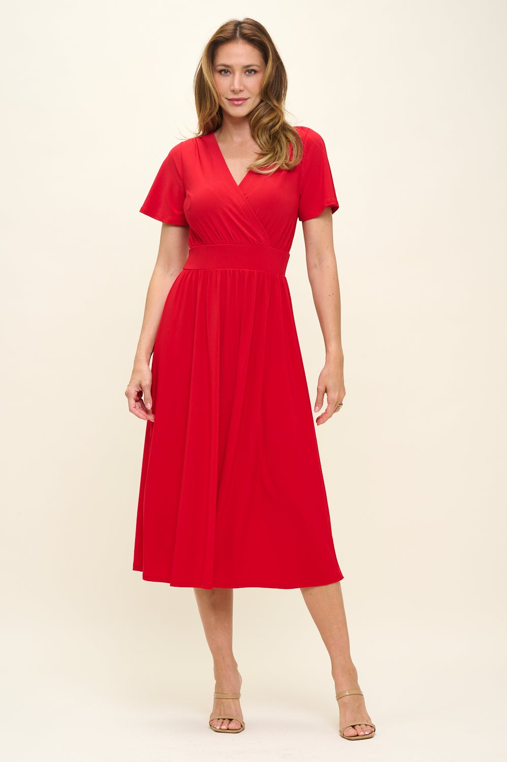 Image of West K Candace Flutter Sleeve Faux - Wrap Midi Dress Red