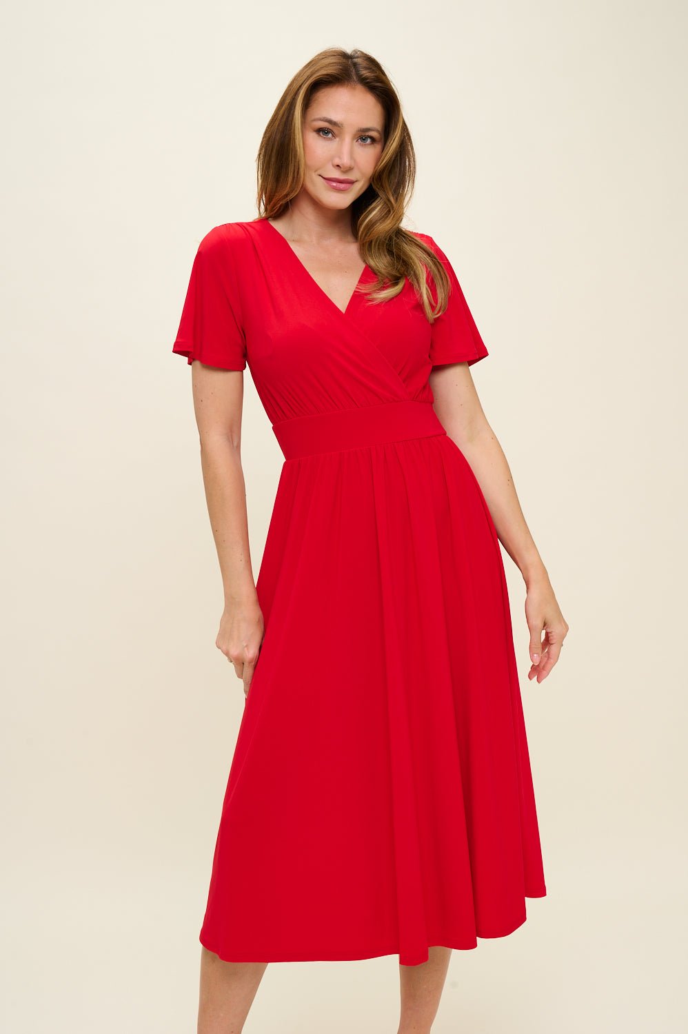 Image of West K Candace Flutter Sleeve Faux - Wrap Midi Dress Red