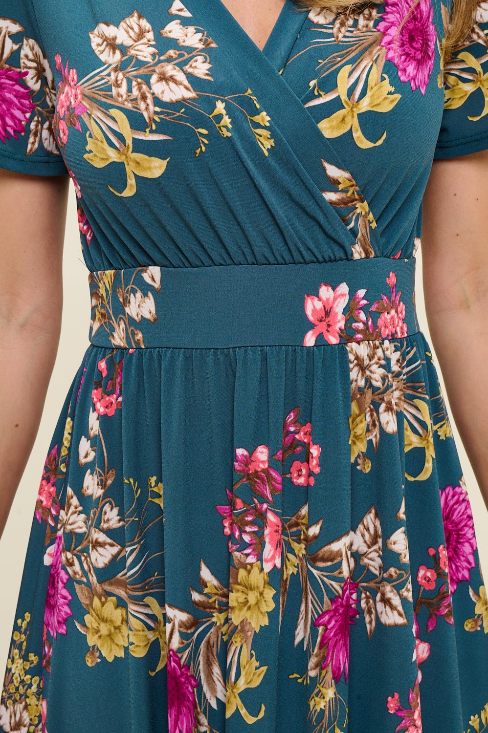 Image of West K Candace Flutter Sleeve Faux - Wrap Midi Dress Teal Floral