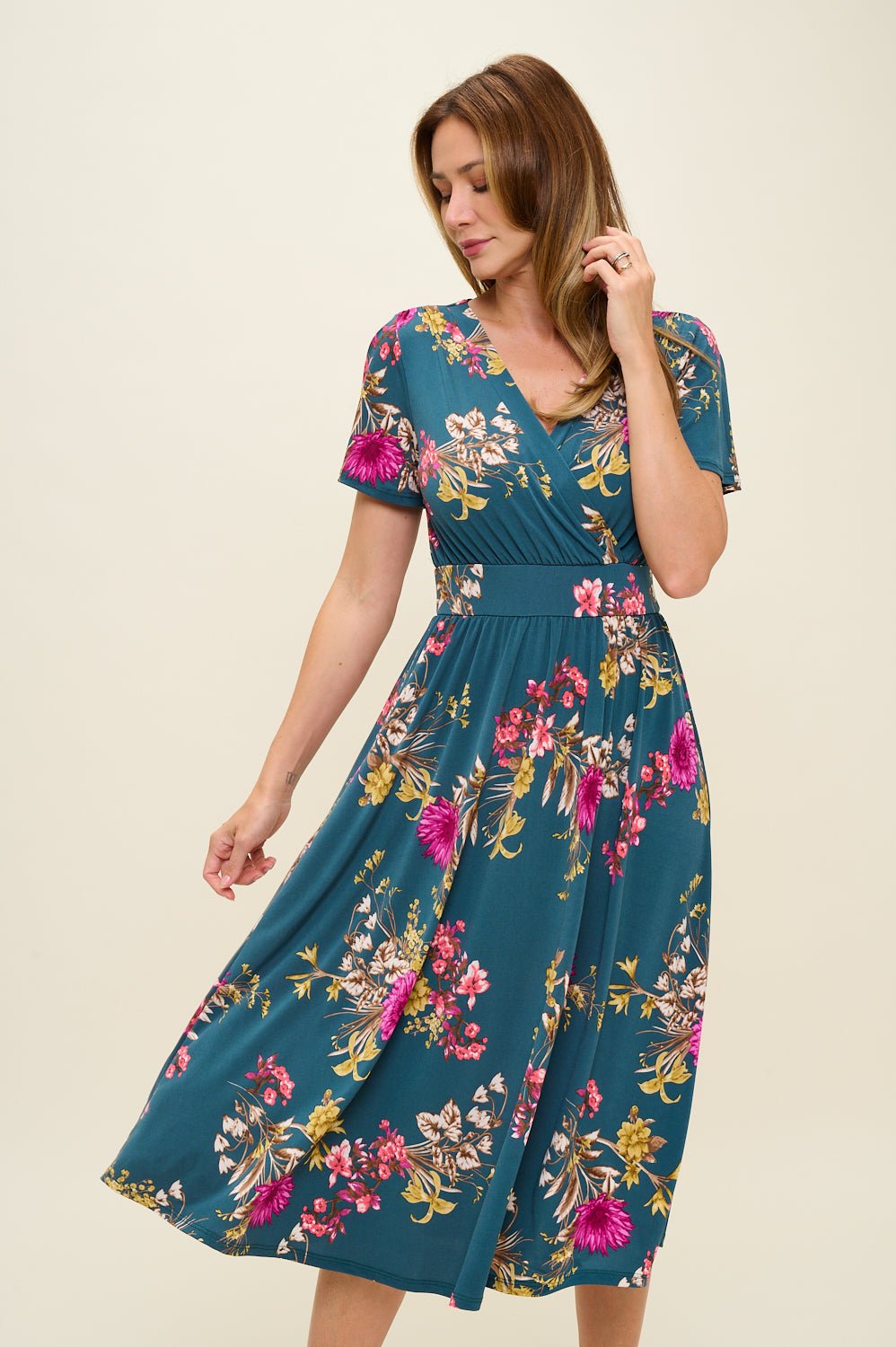 Image of West K Candace Flutter Sleeve Faux - Wrap Midi Dress Teal Floral