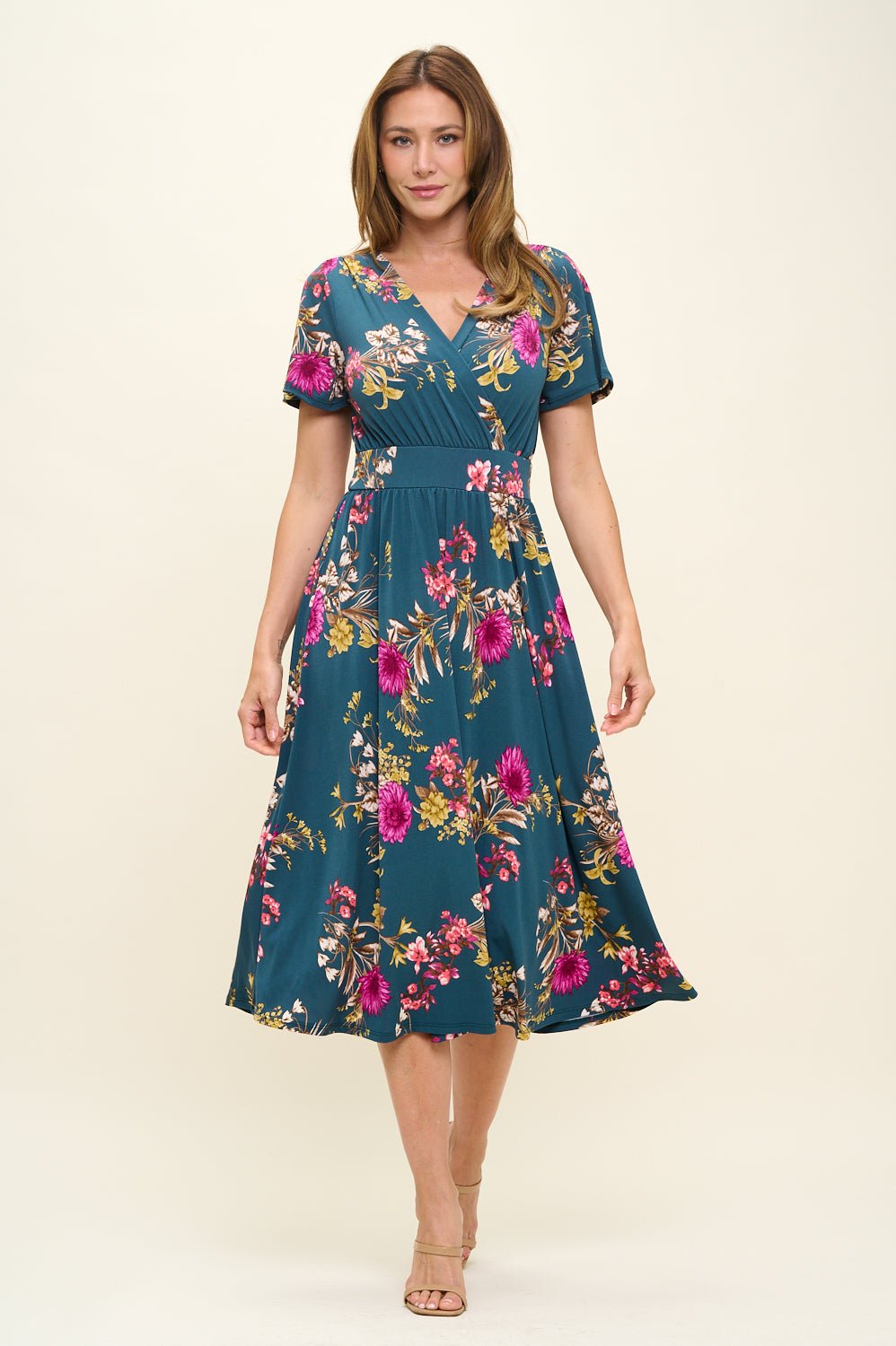 Candace Flutter Sleeve Faux-Wrap Midi Dress Teal Floral / XL Candace Flutter Sleeve Faux-Wrap Midi Dress Teal Floral / XL