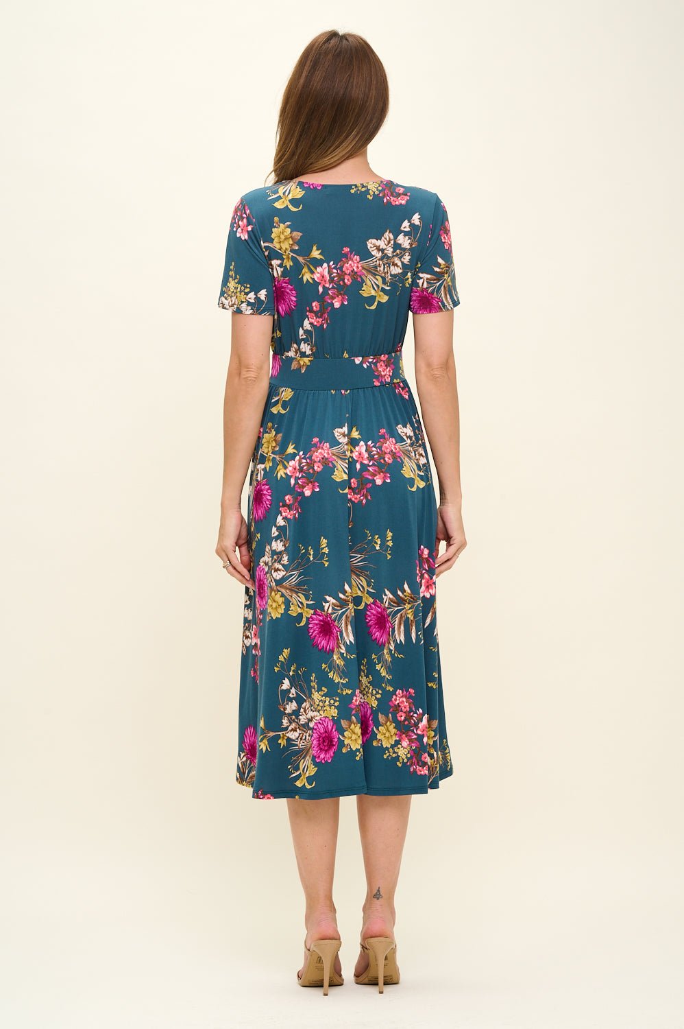 Image of West K Candace Flutter Sleeve Faux - Wrap Midi Dress Teal Floral