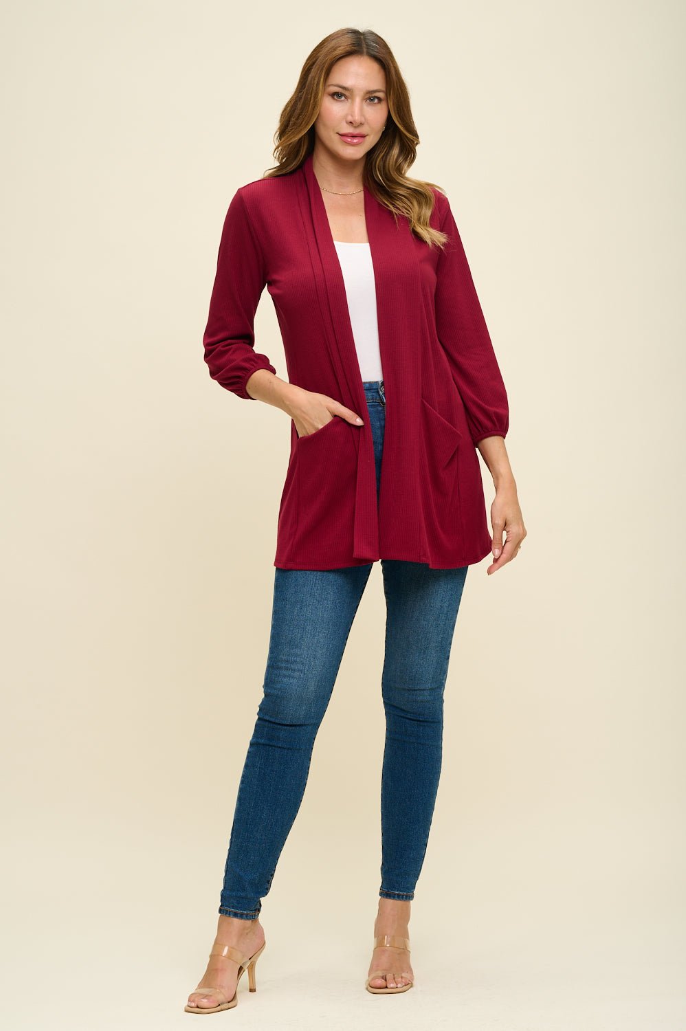 Image of West K Carly Ribbed Knit Cardigan with Pockets Burgundy