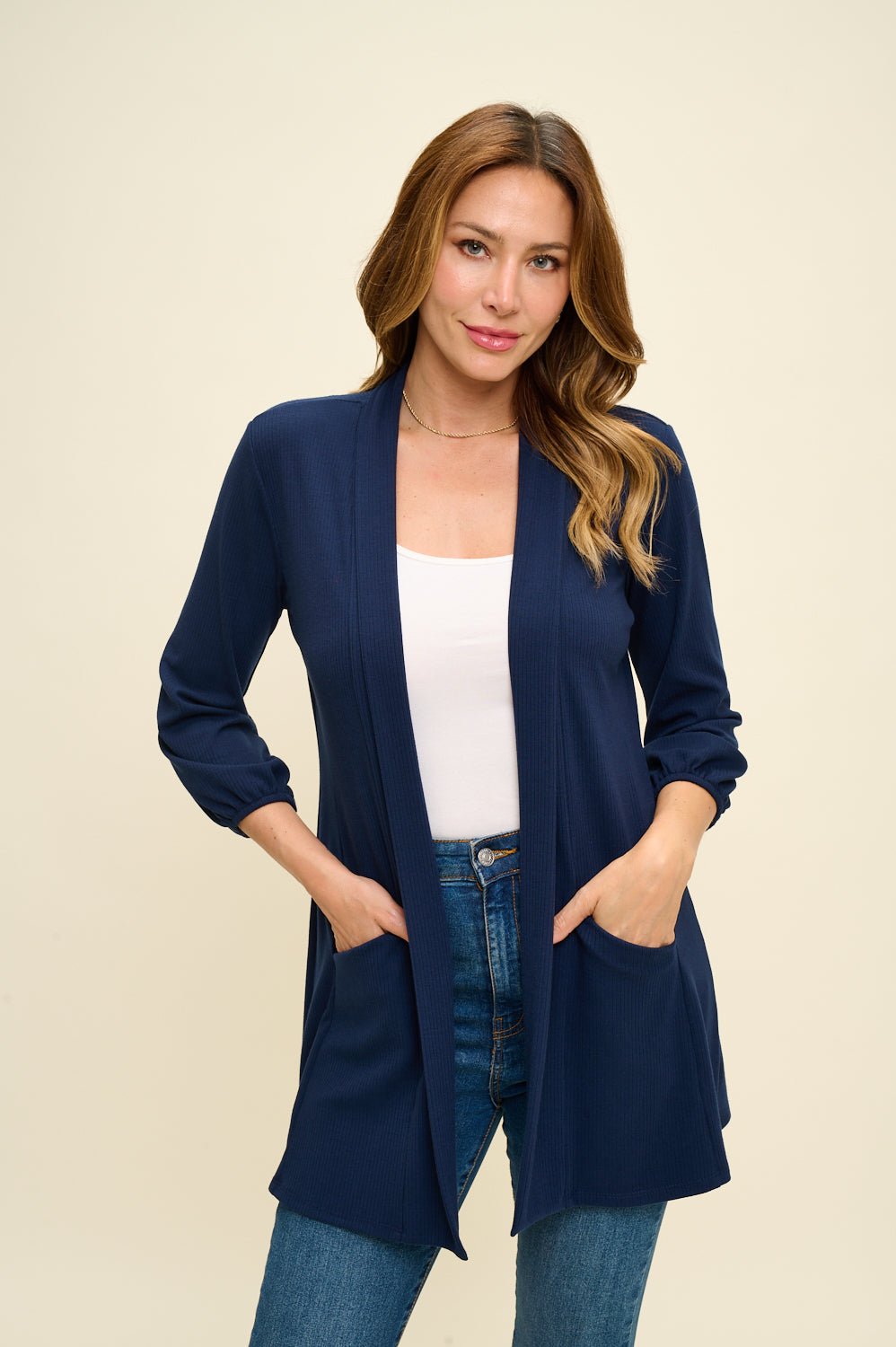 Image of West K Carly Ribbed Knit Cardigan with Pockets Navy