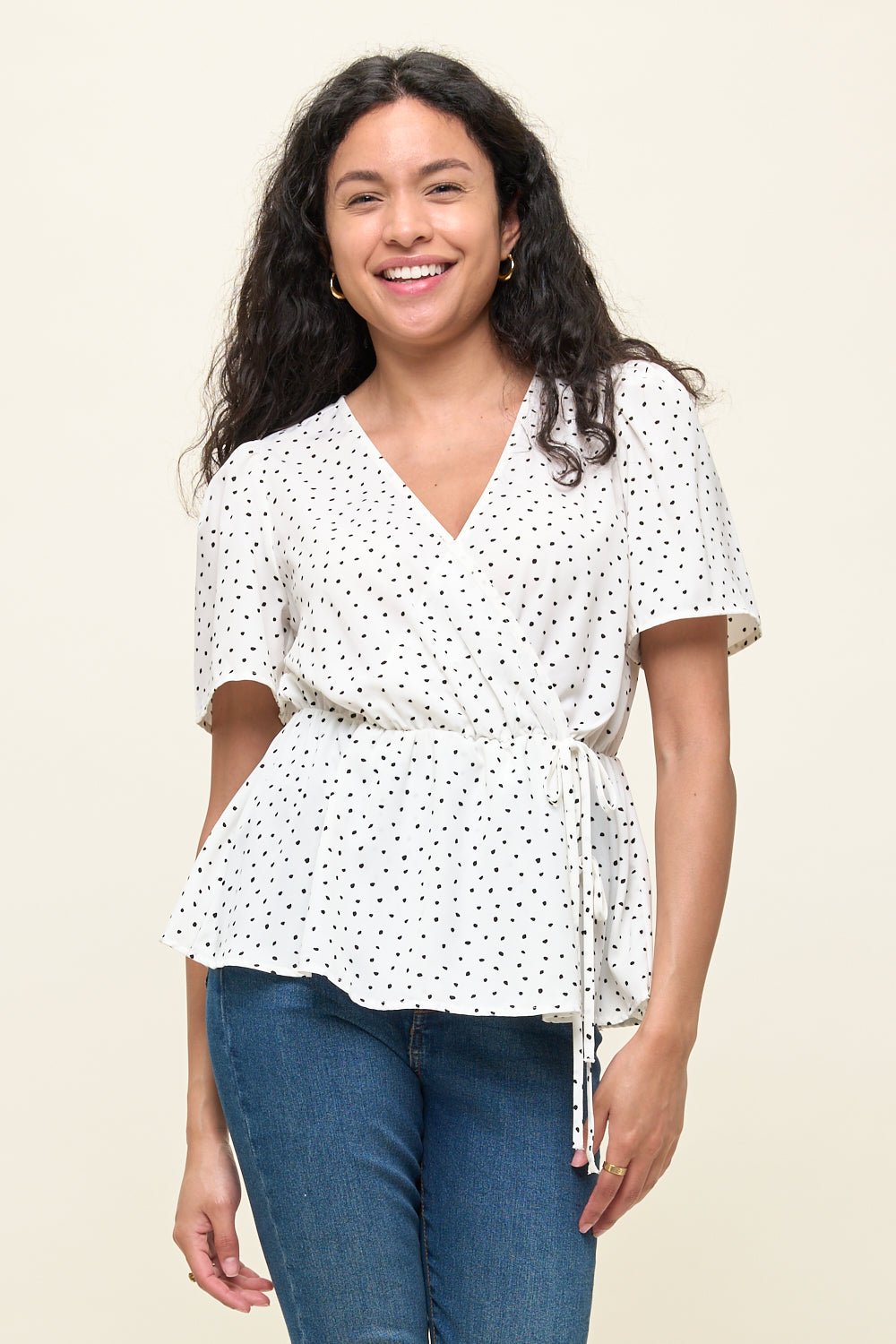 Image of West K Casey Surplice Peplum Top Ivory Dot
