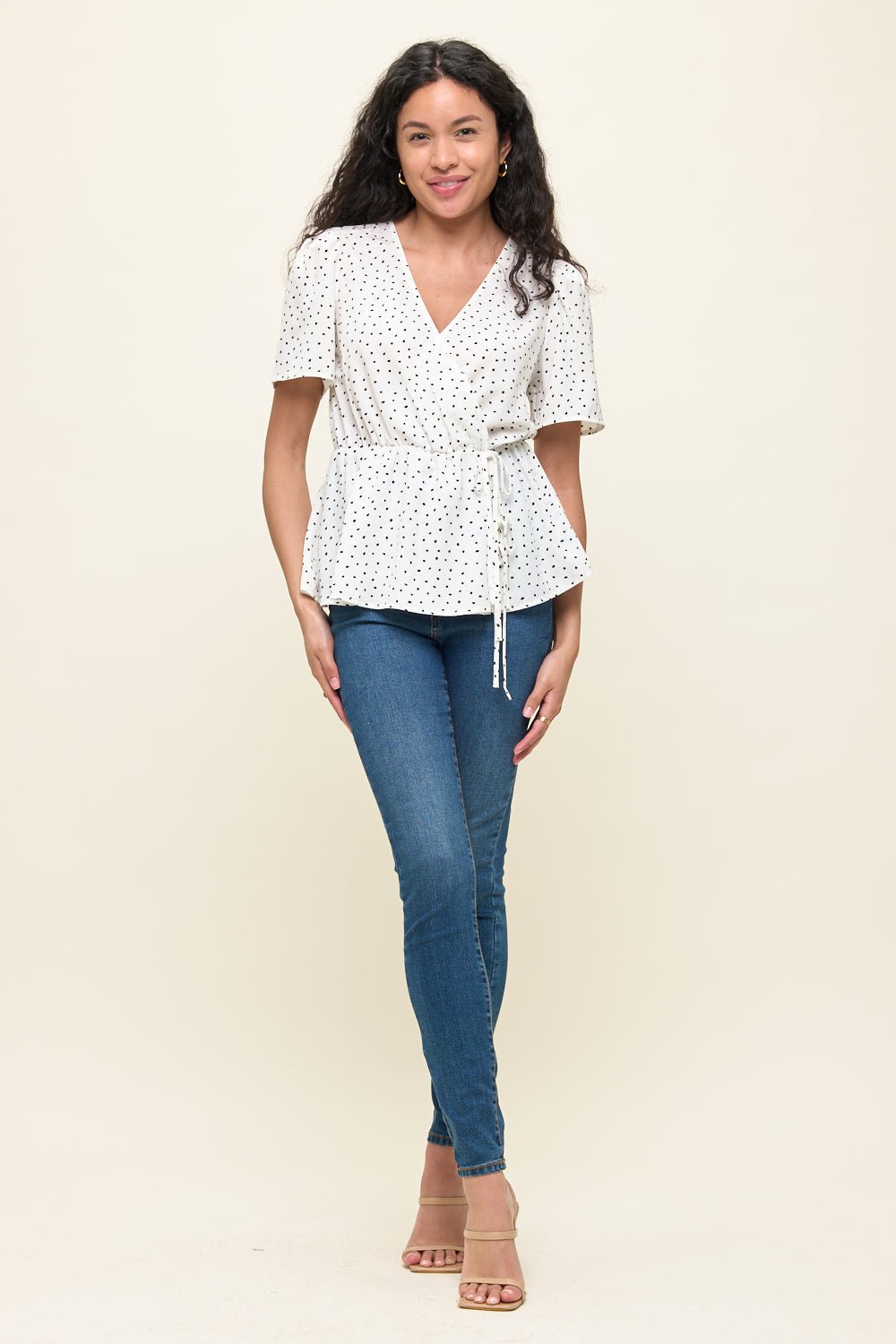 Image of West K Casey Surplice Peplum Top Ivory Dot