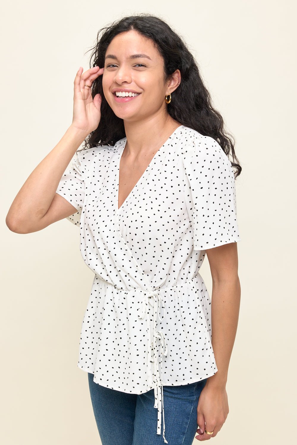 Image of West K Casey Surplice Peplum Top Ivory Dot