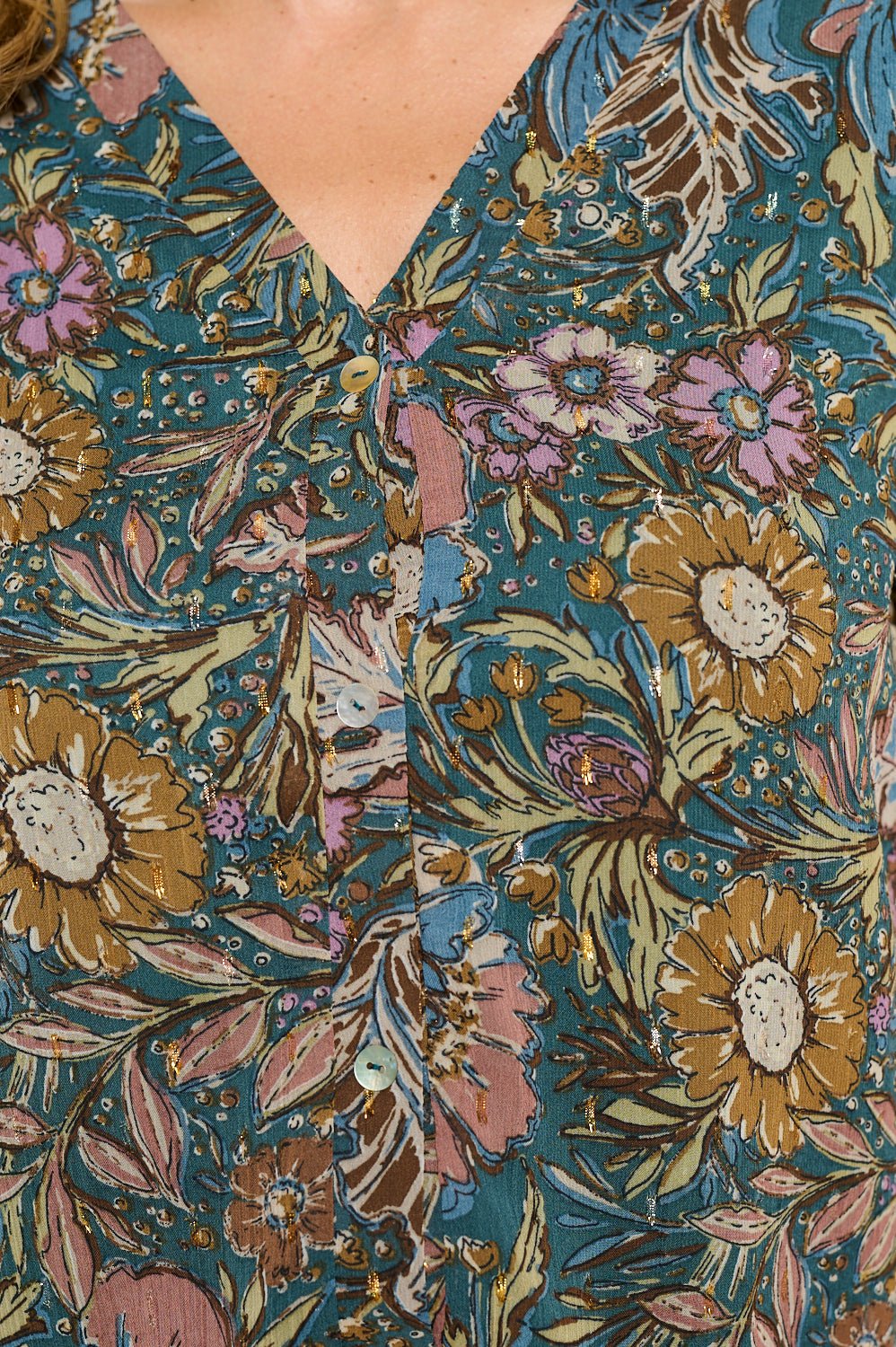 Image of West K Catalina Three Quarter Sleeve V - Neck Faux - button Front Blouse Teal Mauve Floral