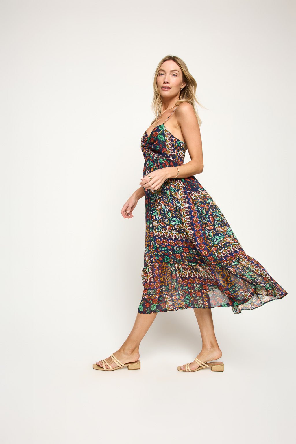 Image of West K Claire Chiffon Spaghetti Strap Midi Dress Navy Baroque