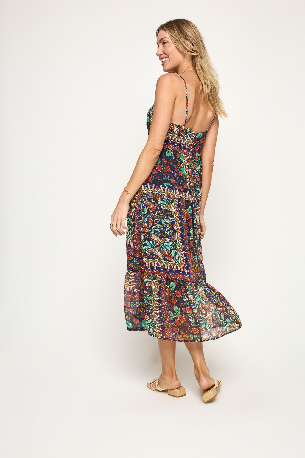 Image of West K Claire Chiffon Spaghetti Strap Midi Dress Navy Baroque