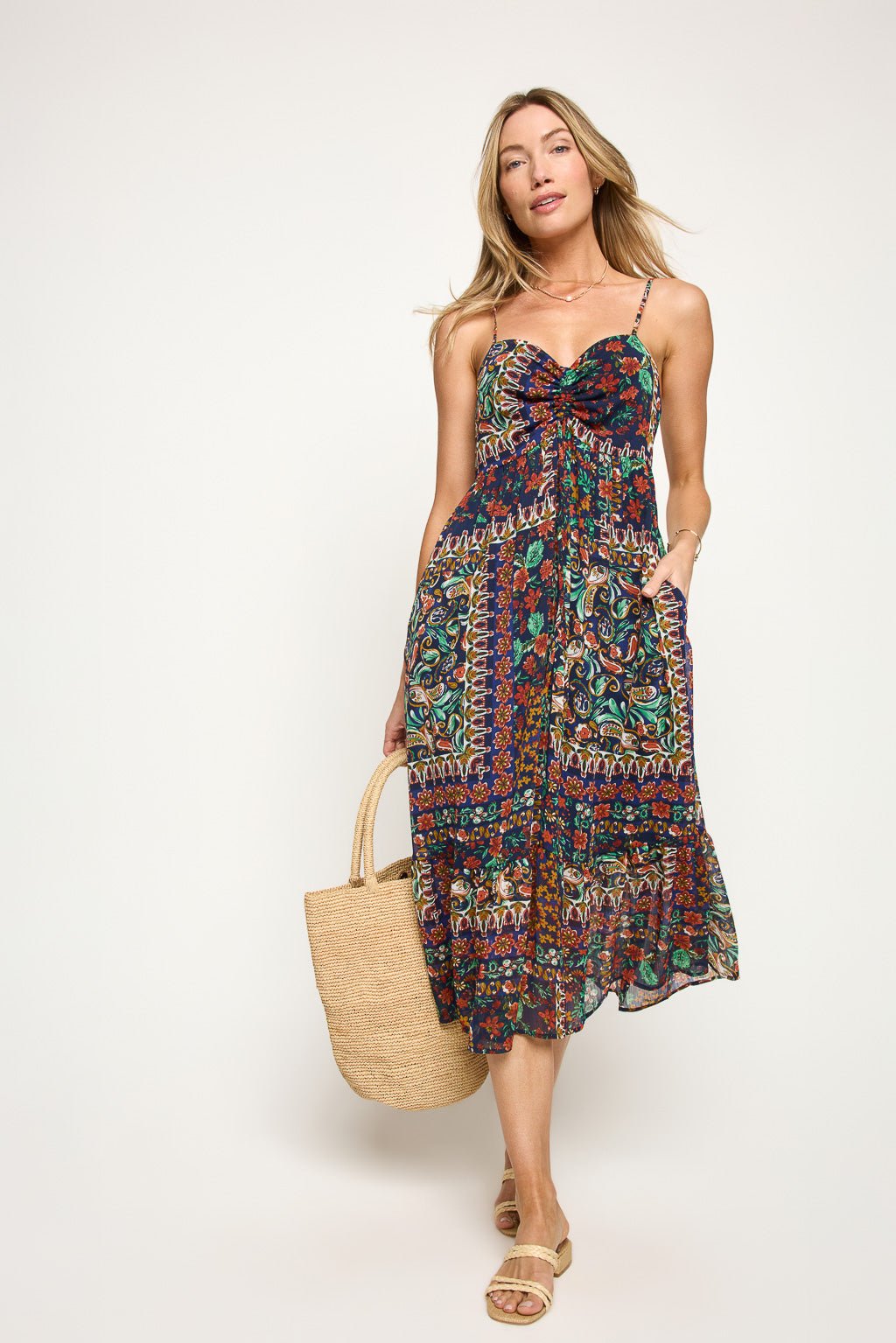 Image of West K Claire Chiffon Spaghetti Strap Midi Dress Navy Baroque