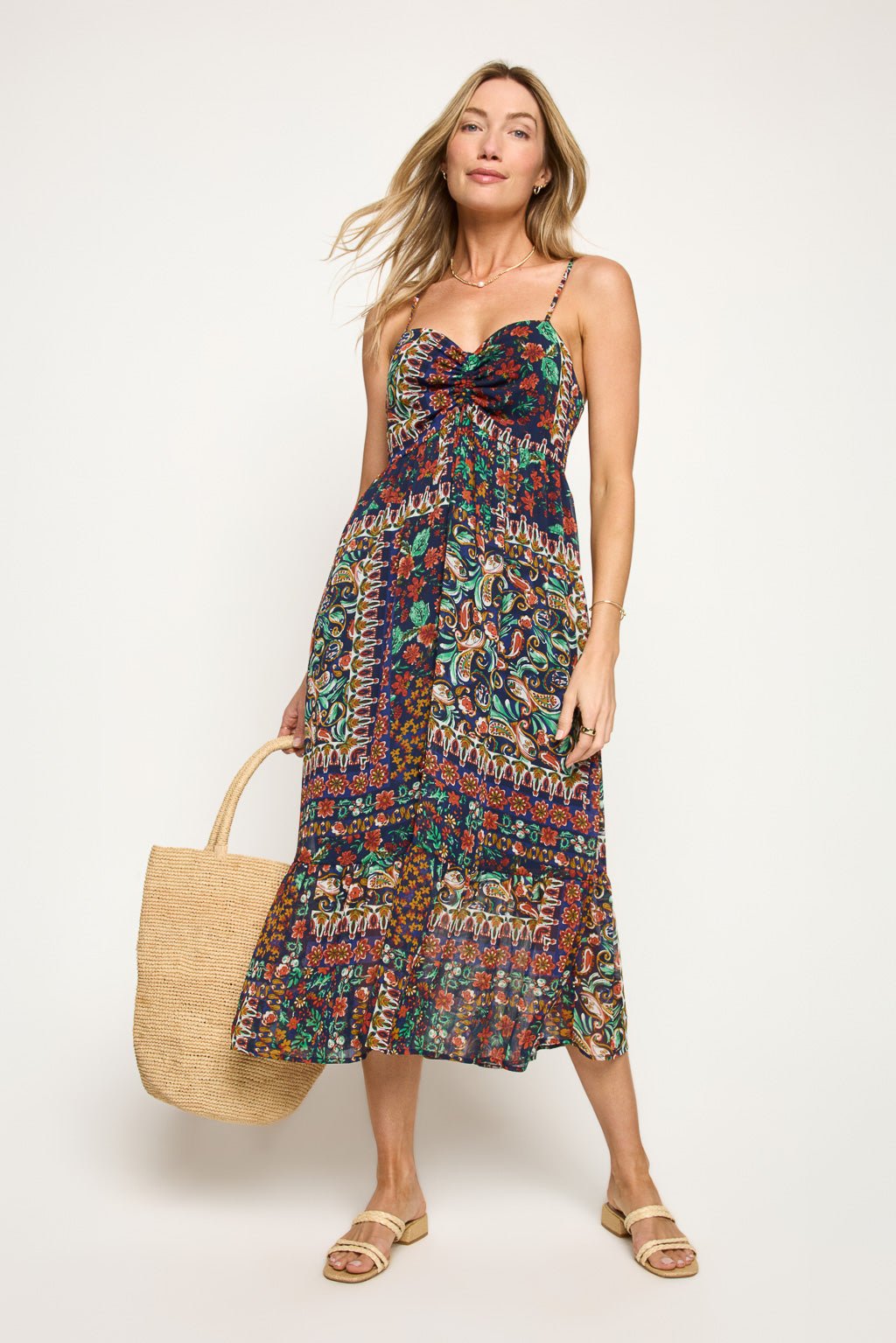 Image of West K Claire Chiffon Spaghetti Strap Midi Dress Navy Baroque
