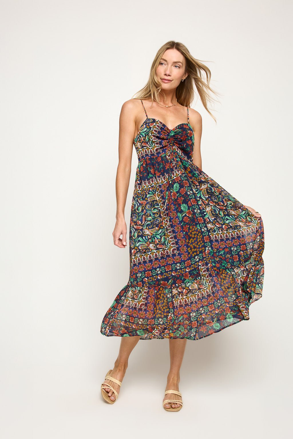 Image of West K Claire Chiffon Spaghetti Strap Midi Dress Navy Baroque