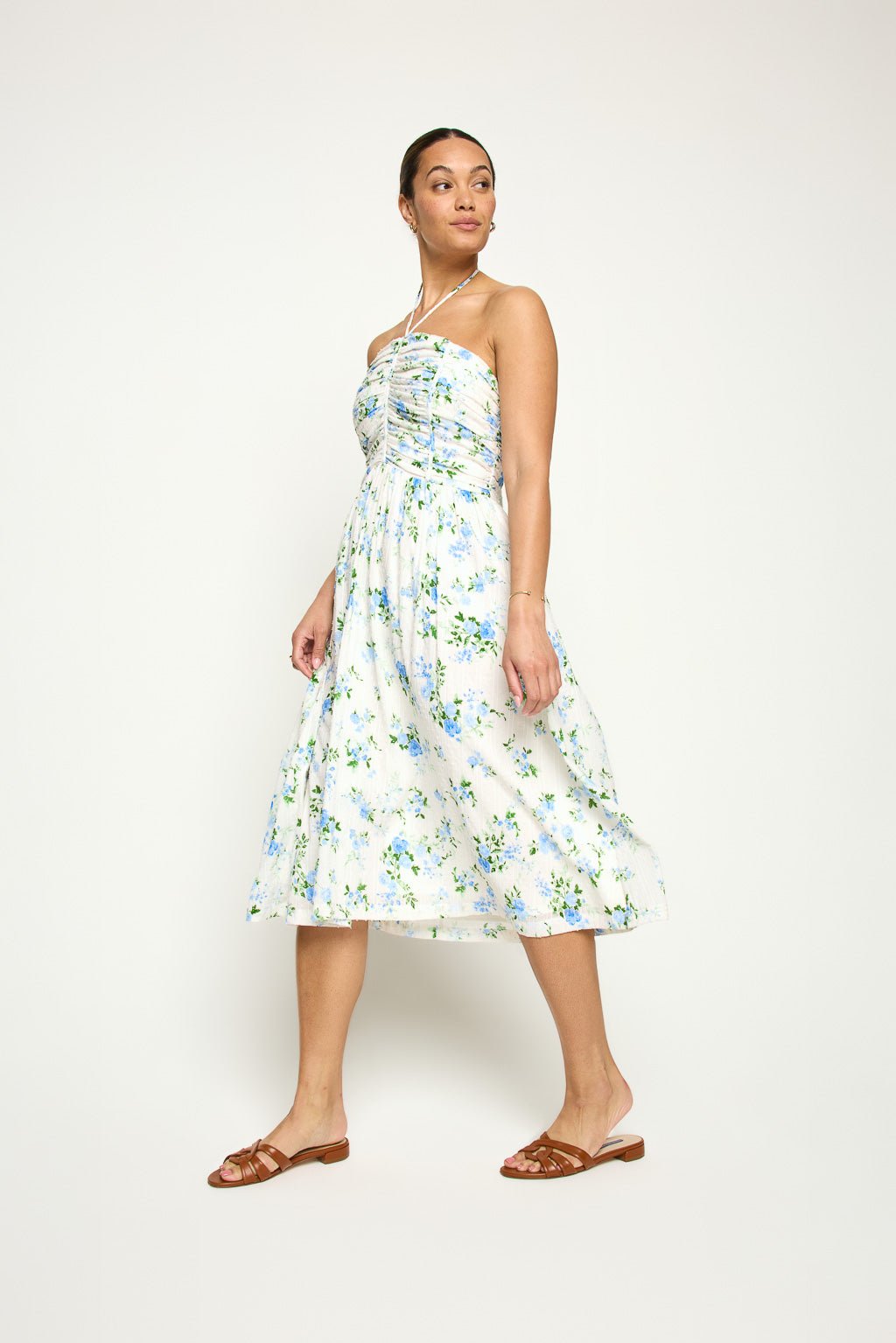 Image of West K Dahlia Strap Halter Neck Smocked - back Dress Blue Ivory Floral