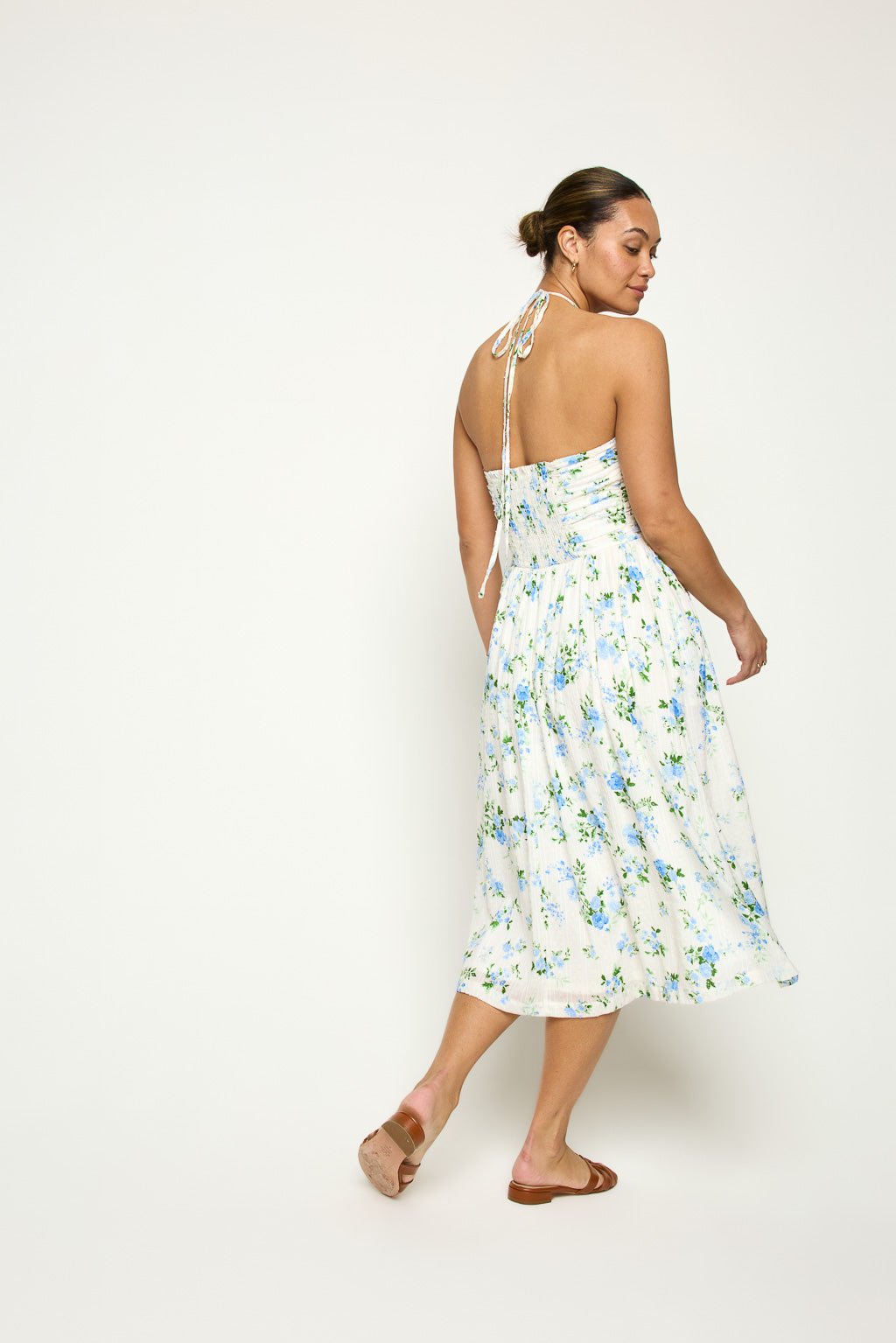 Image of West K Dahlia Strap Halter Neck Smocked - back Dress Blue Ivory Floral