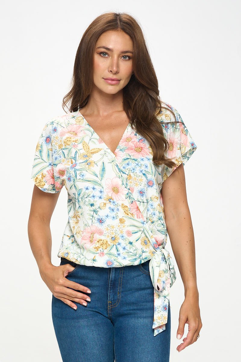 Image of West K Dallas Side - Tie Dolman Sleeve Top Ivory Pink Floral