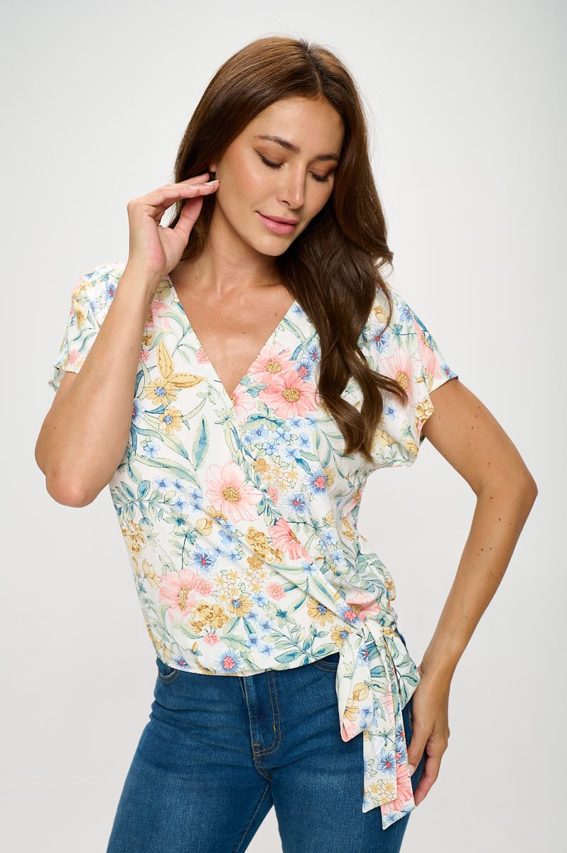 Image of West K Dallas Side - Tie Dolman Sleeve Top Ivory Pink Floral