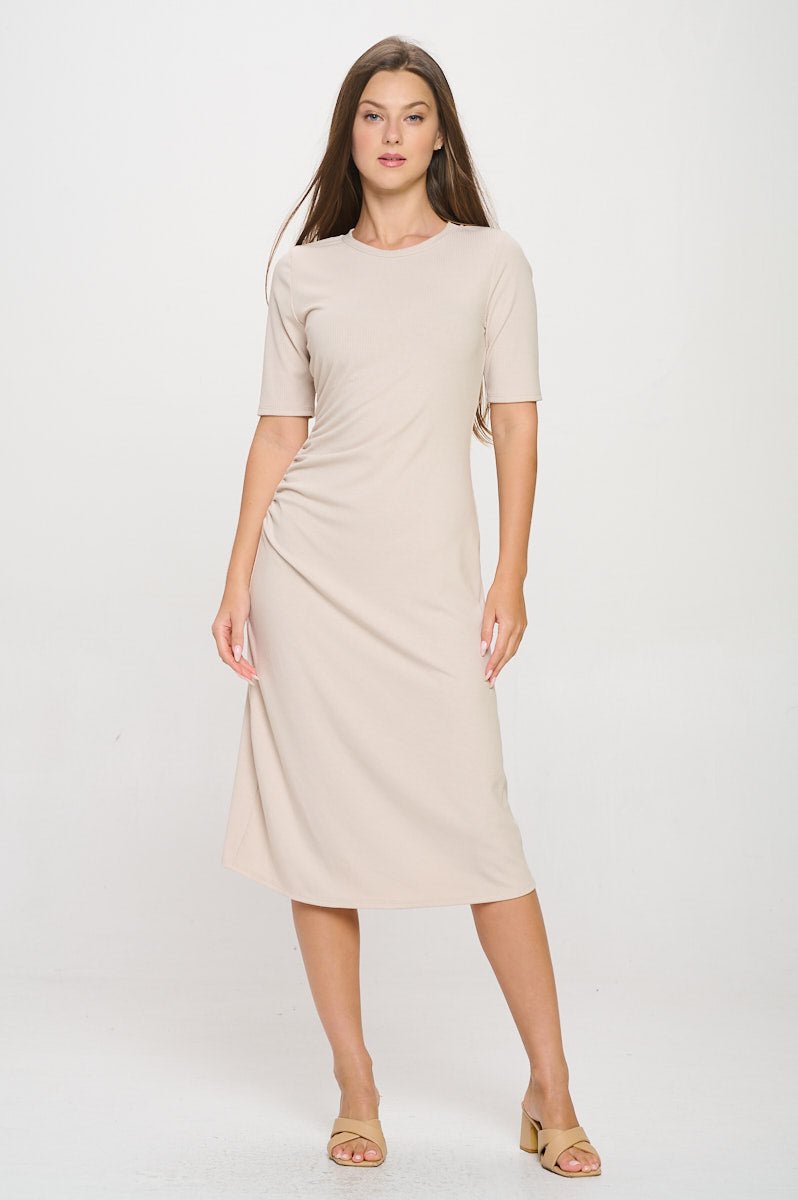 Image of West K Darcy Side - Ruched Crew Neck Knit Midi Dress Beige