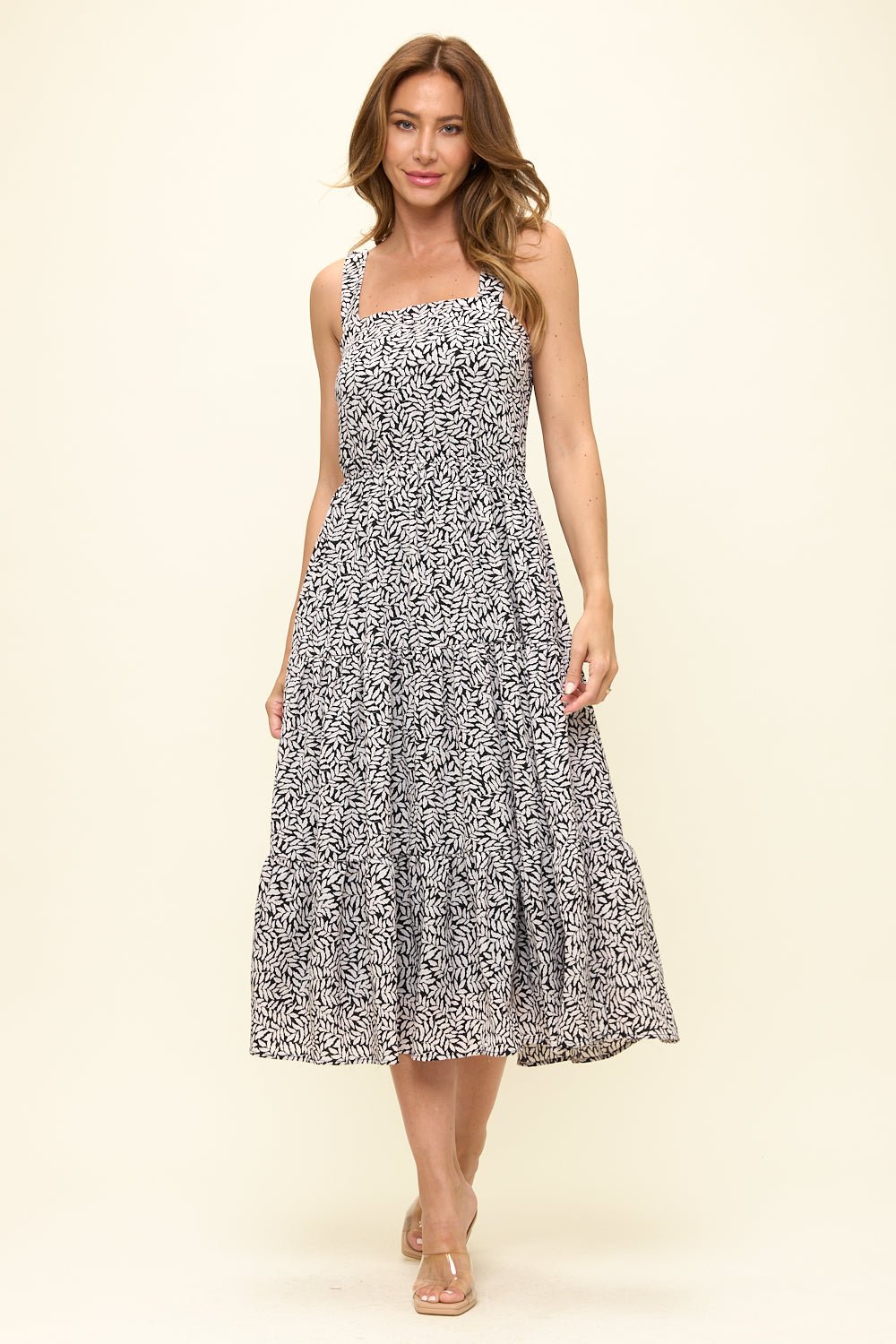 Image of West K Delina Smocked Back Tiered Midi Dress Black Leaf