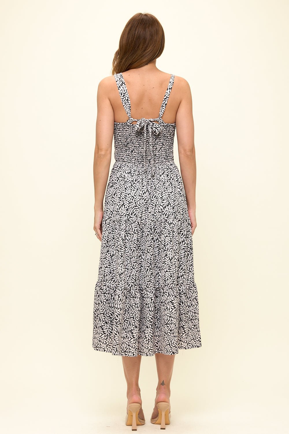 Image of West K Delina Smocked Back Tiered Midi Dress Black Leaf