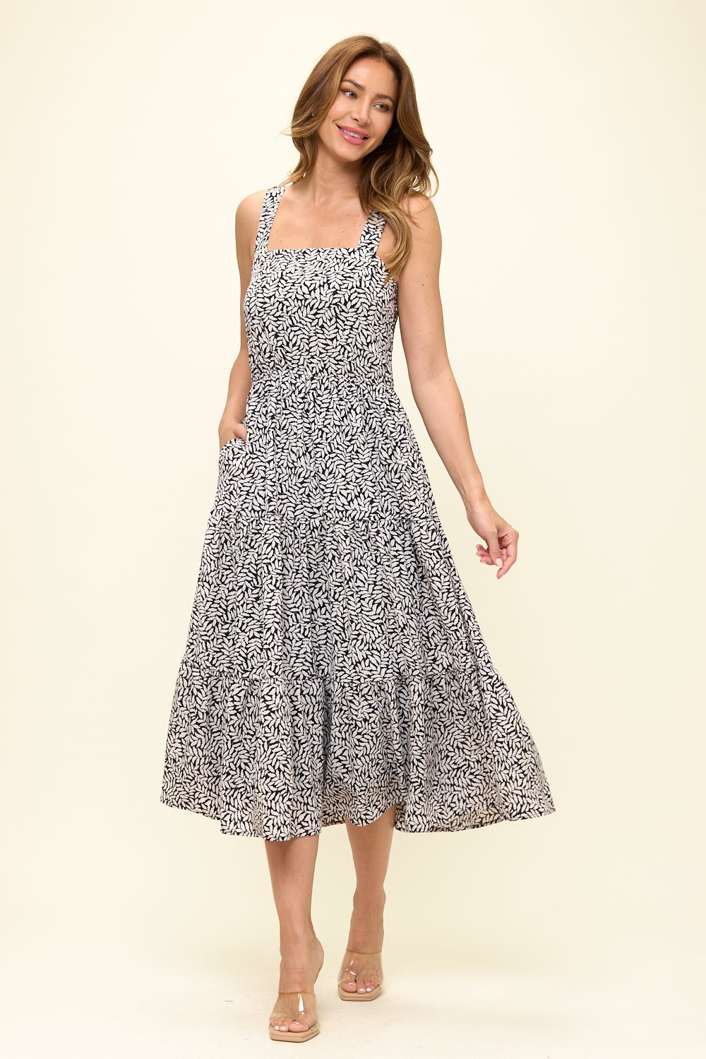 West K Womens Delina Smocked Back Tiered Midi Dress - Black Leaf West K Womens Delina Smocked Back Tiered Midi Dress - Black Leaf