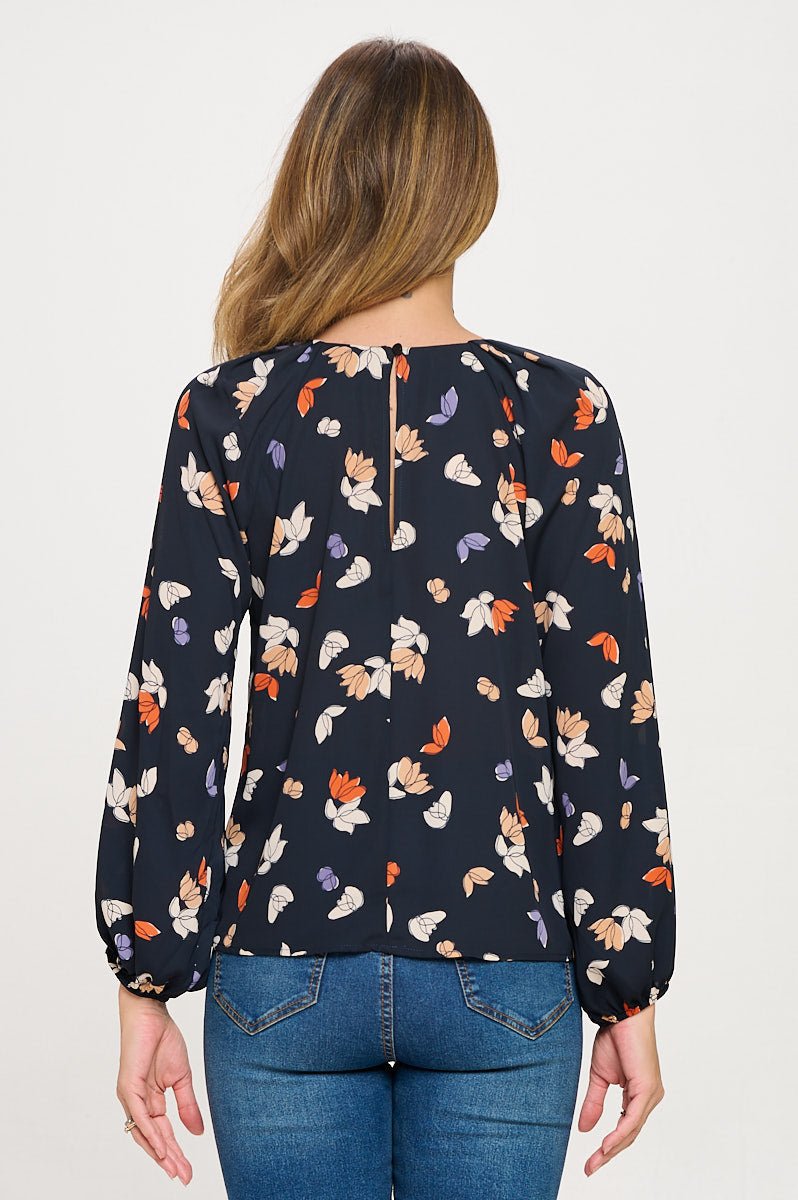 Image of West K Dream Buckle Keyhole Long Sleeve Blouse Navy Orange Floral