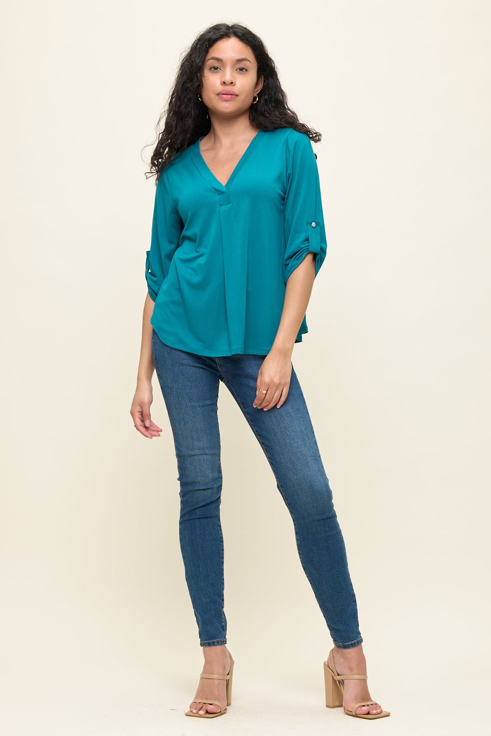 Image of West K Eira Roll - tab Sleeve V Neck Top Emerald Green