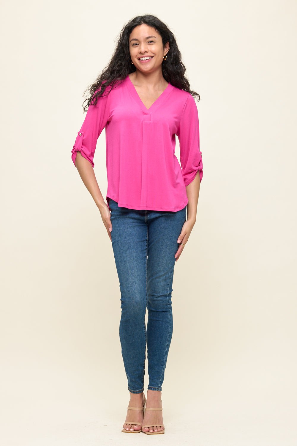Image of West K Eira Roll - tab Sleeve V Neck Top Fuschia