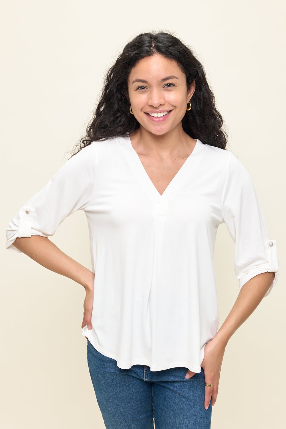 Image of West K Eira Roll - tab Sleeve V Neck Top White