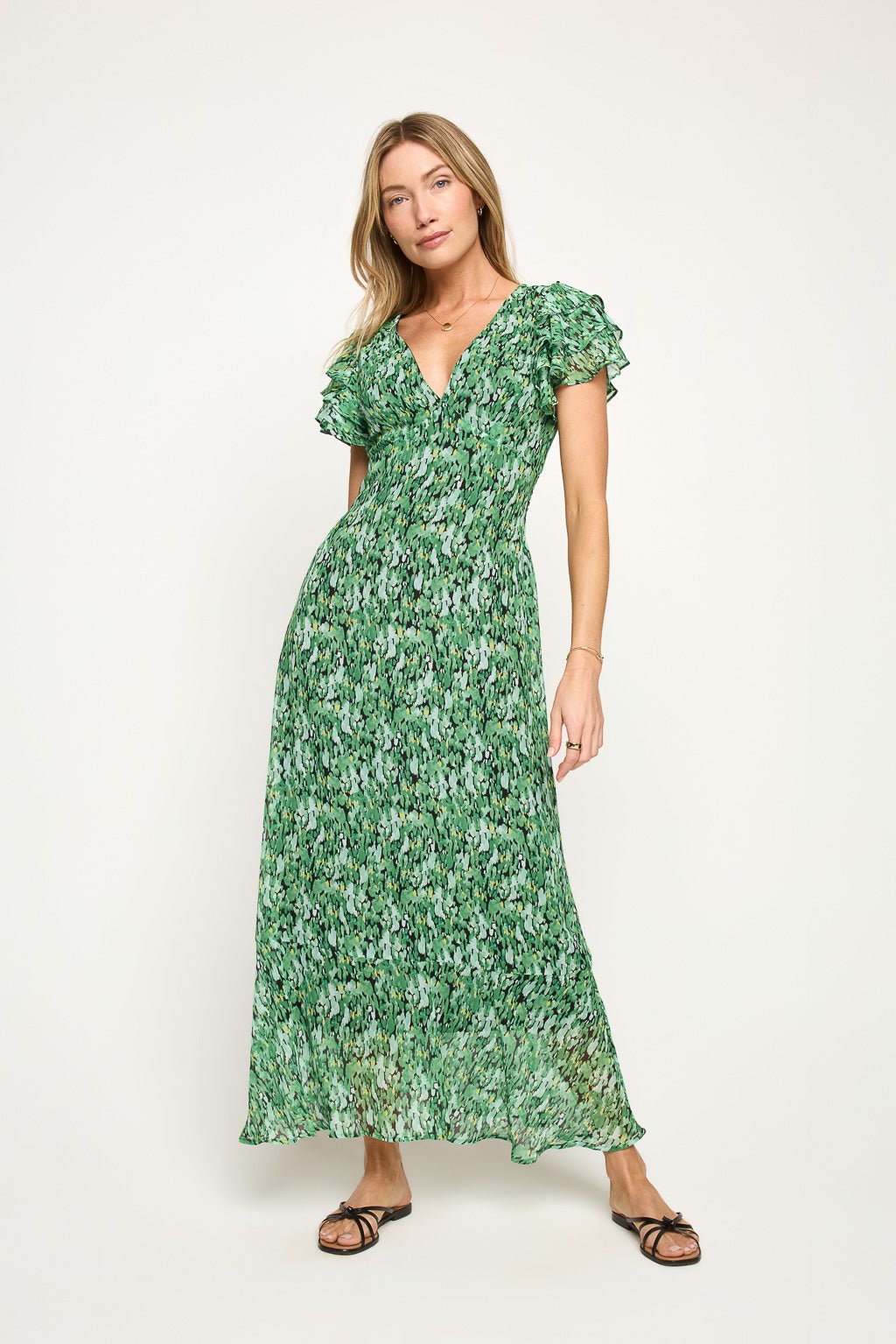 Image of West K Elizabeth Ruffle Sleeve Smocked - Back Maxi Green Abstract