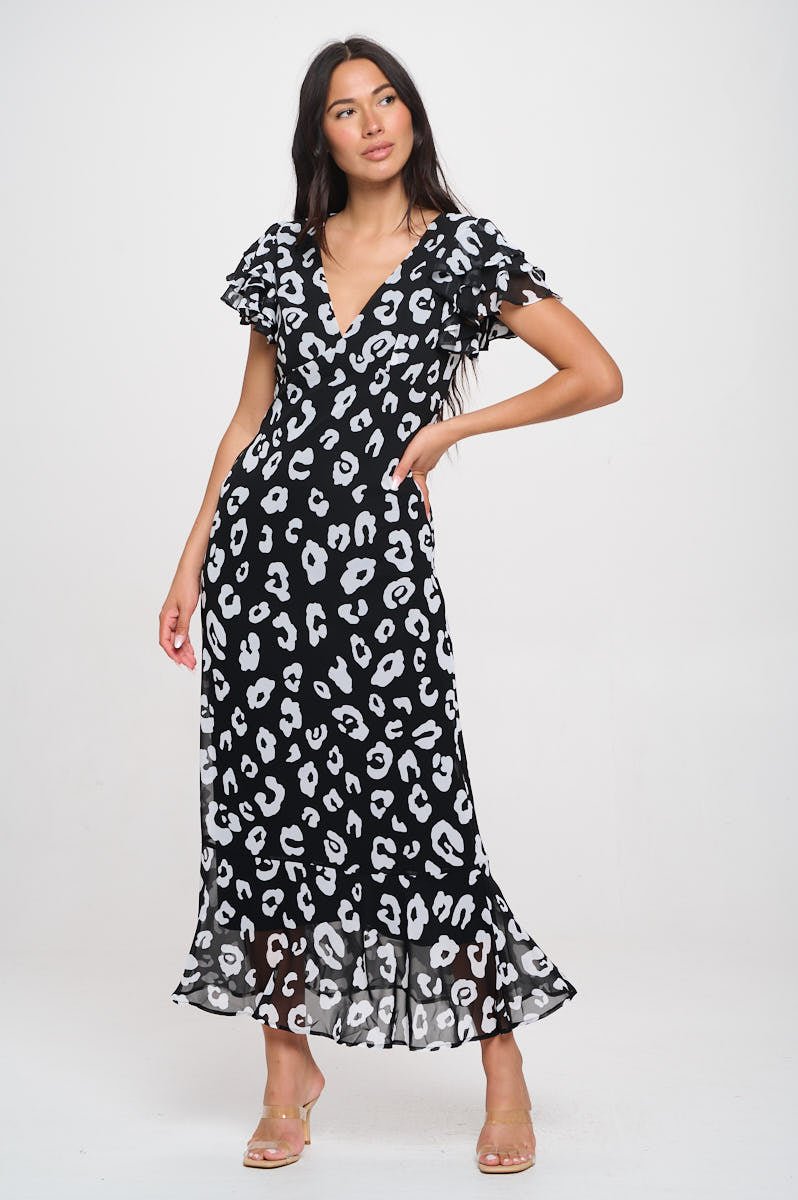 Image of West K Elizabeth Tiered Ruffle Sleeve Smocked - Back Maxi Black Leopard