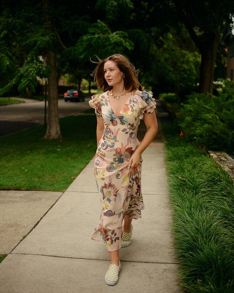 layered ruffle sleeve dress Flutter Sleeve Cutout Tie-Back Maxi Dress with Tiered Ruffle Skirt